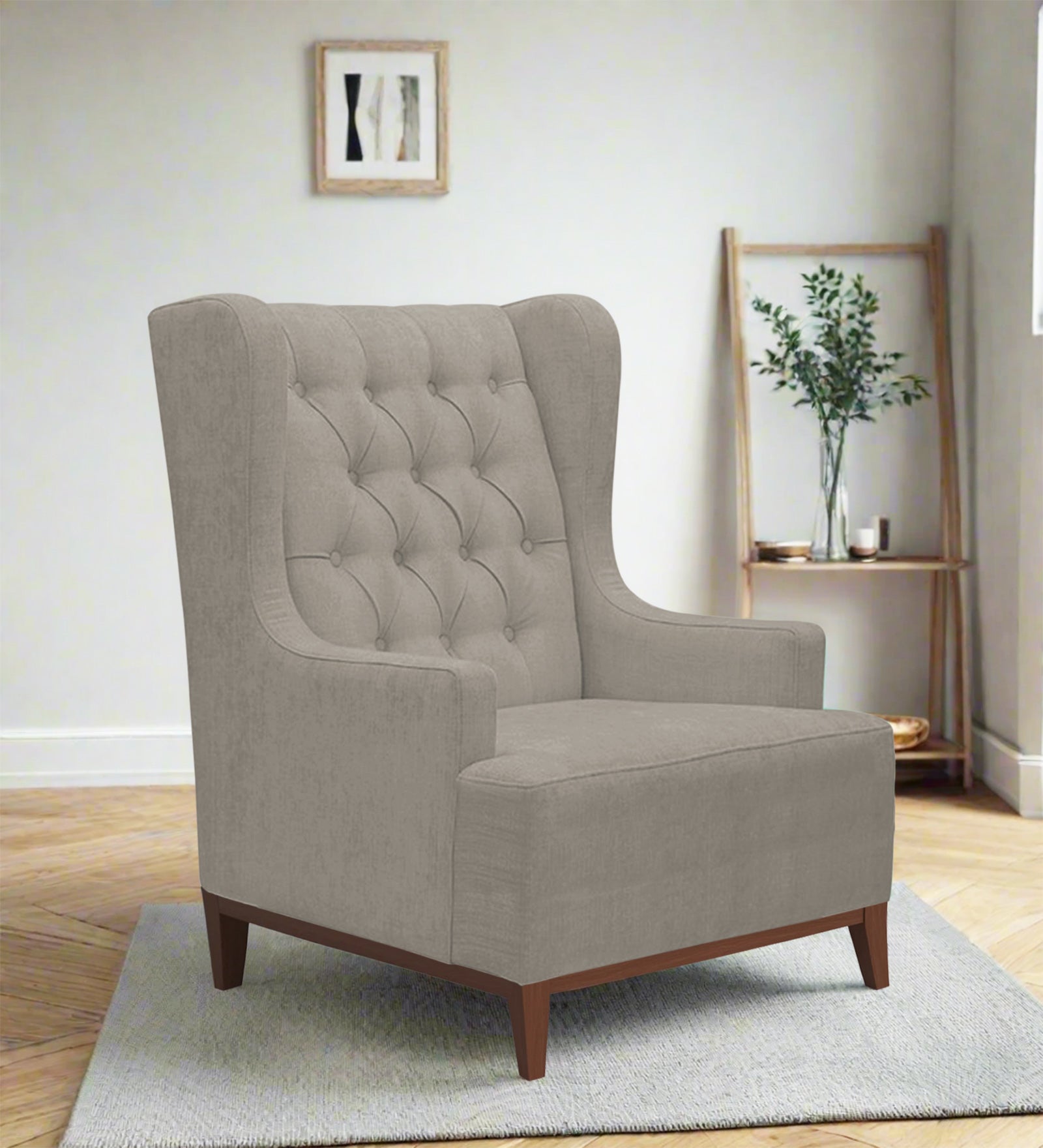 Kuchi Fabric Wing Chair In Ash Grey Colour - Febonic Living