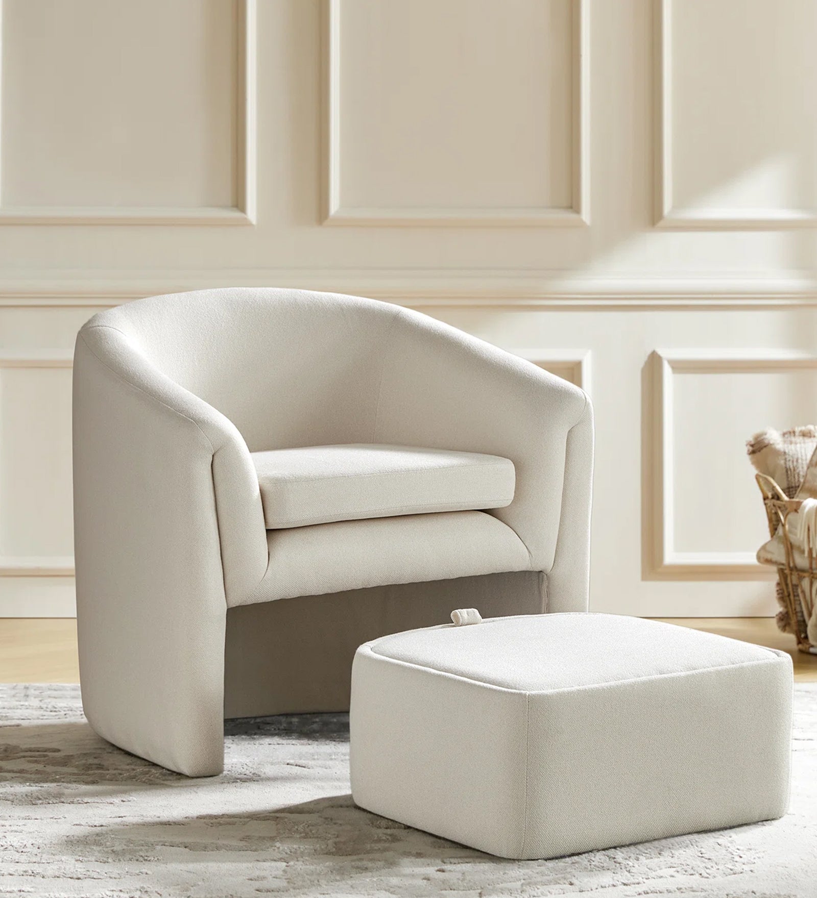 Alvaro Fabric Barrel Chair + Storage Ottoman in Ivory Cream Colour
