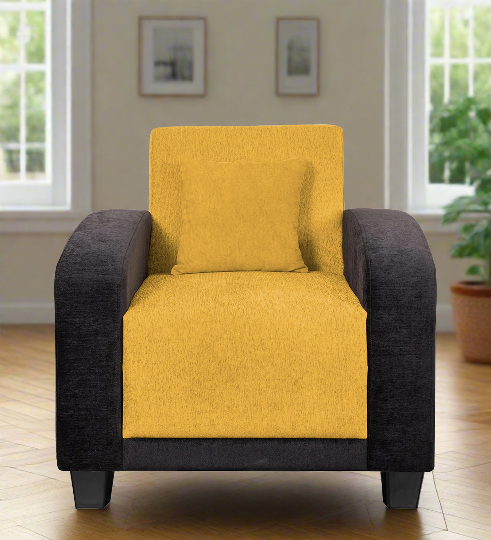Alex Fabric 1 Seater Sofa In Bold Yellow Colour - Febonic Living
