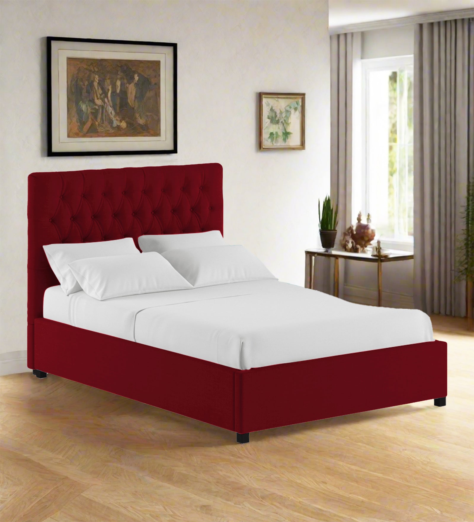 Isko Fabric King Size Bed In Ruby Red Colour With Storage Box - Febonic Living