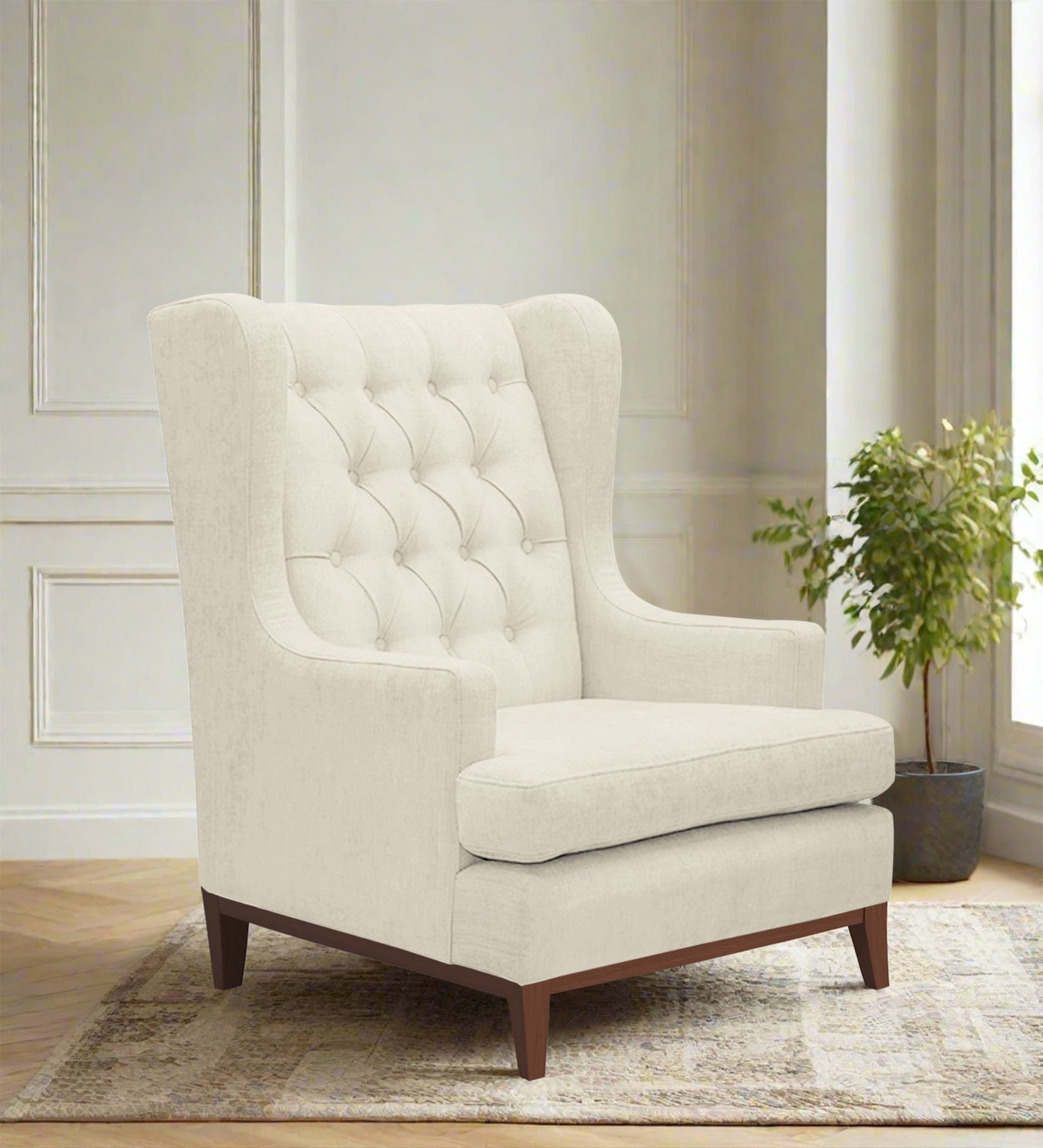 Panas Fabric Wing Chair In Ivory Cream Colour - Febonic Living