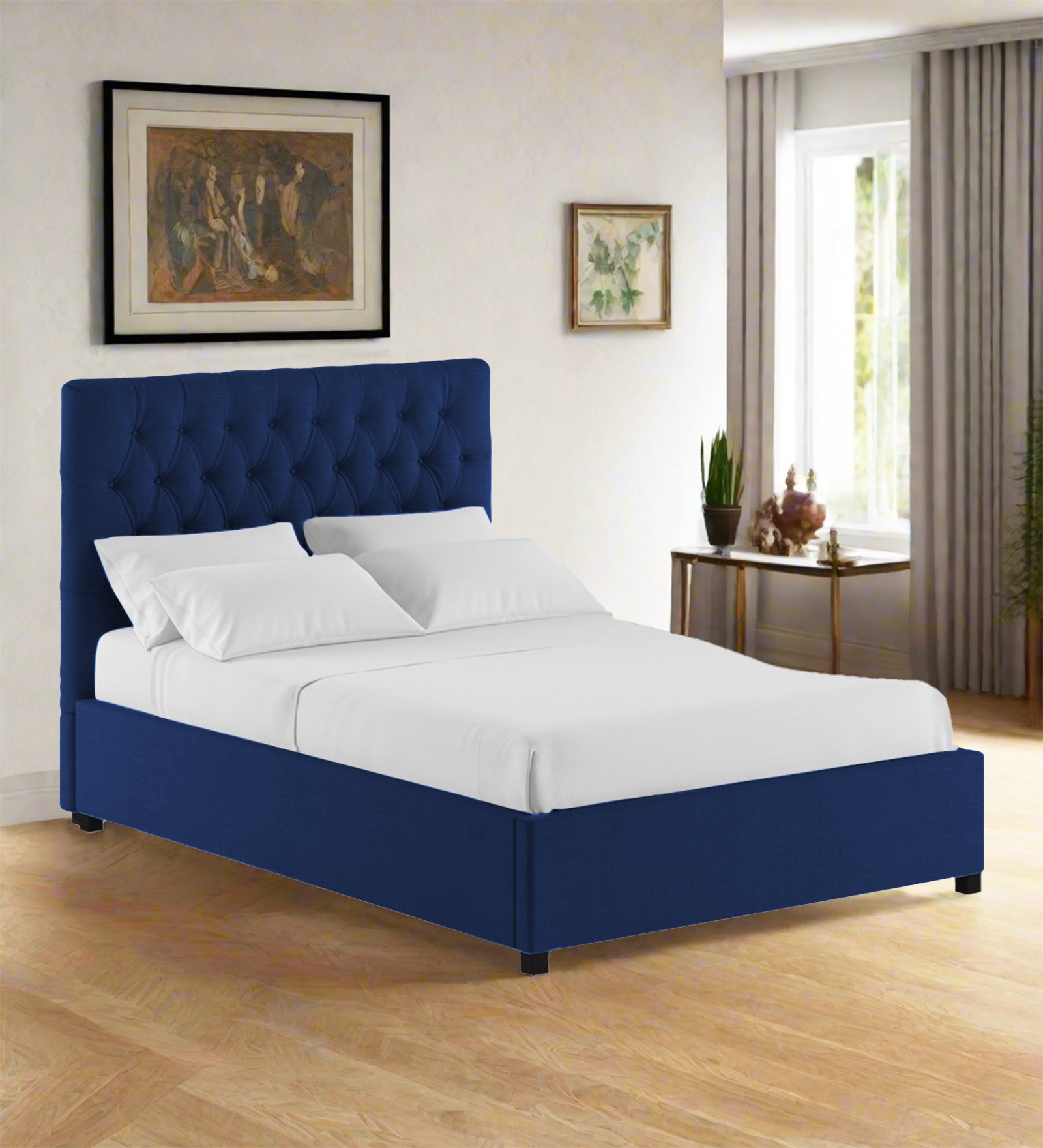 Isko Fabric King Size Bed In Royal Blue Colour With Storage Box - Febonic Living