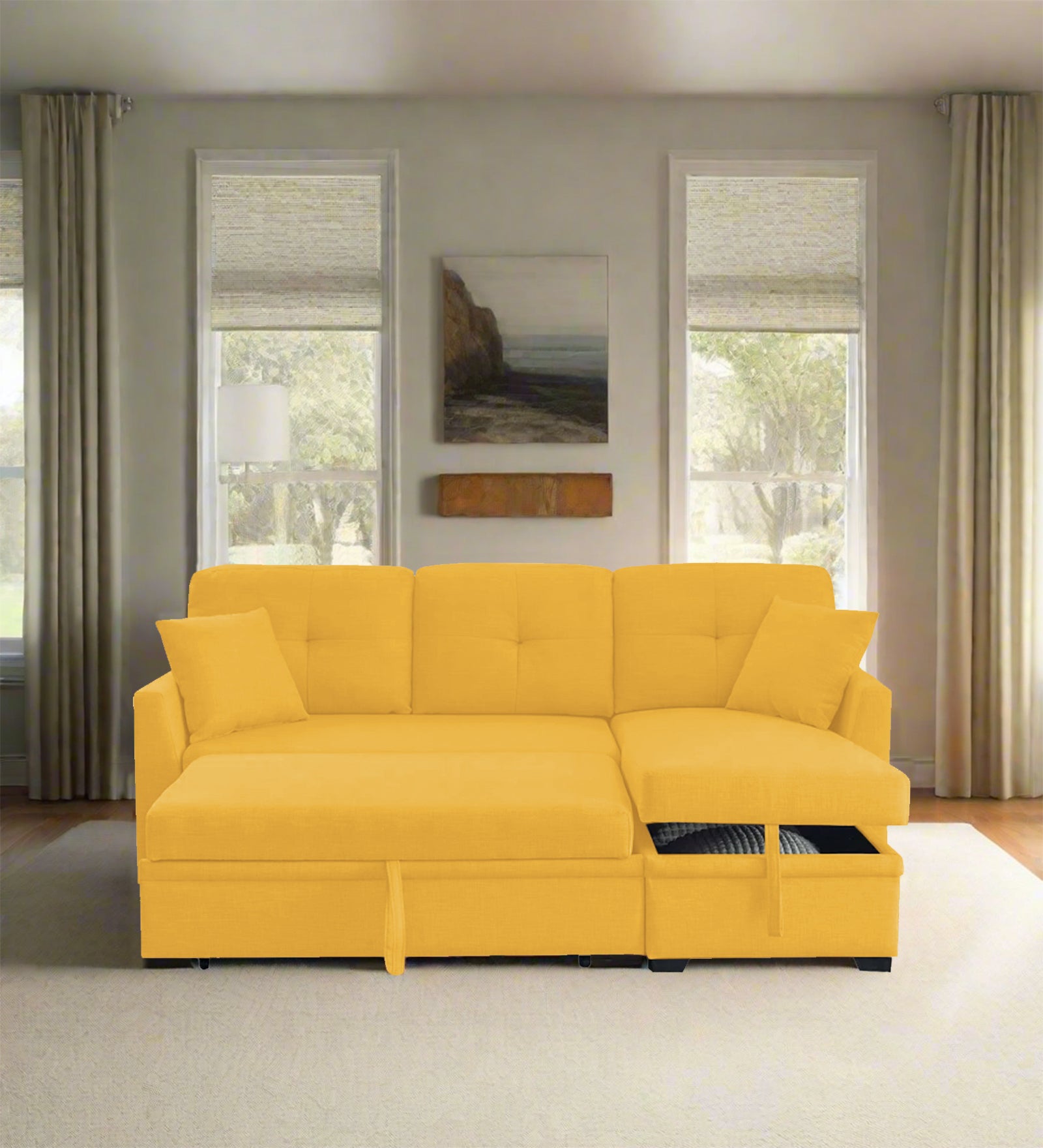 Jody Fabric 3 Seater Pull Out Sofa Cum Bed In Bold Yellow Colour With Storage - Febonic Living