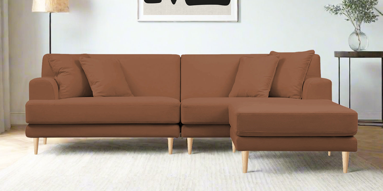 Woody Fabric LHS Sectional Sofa (3+Lounger) In Caramel Beige Colour - Febonic Living