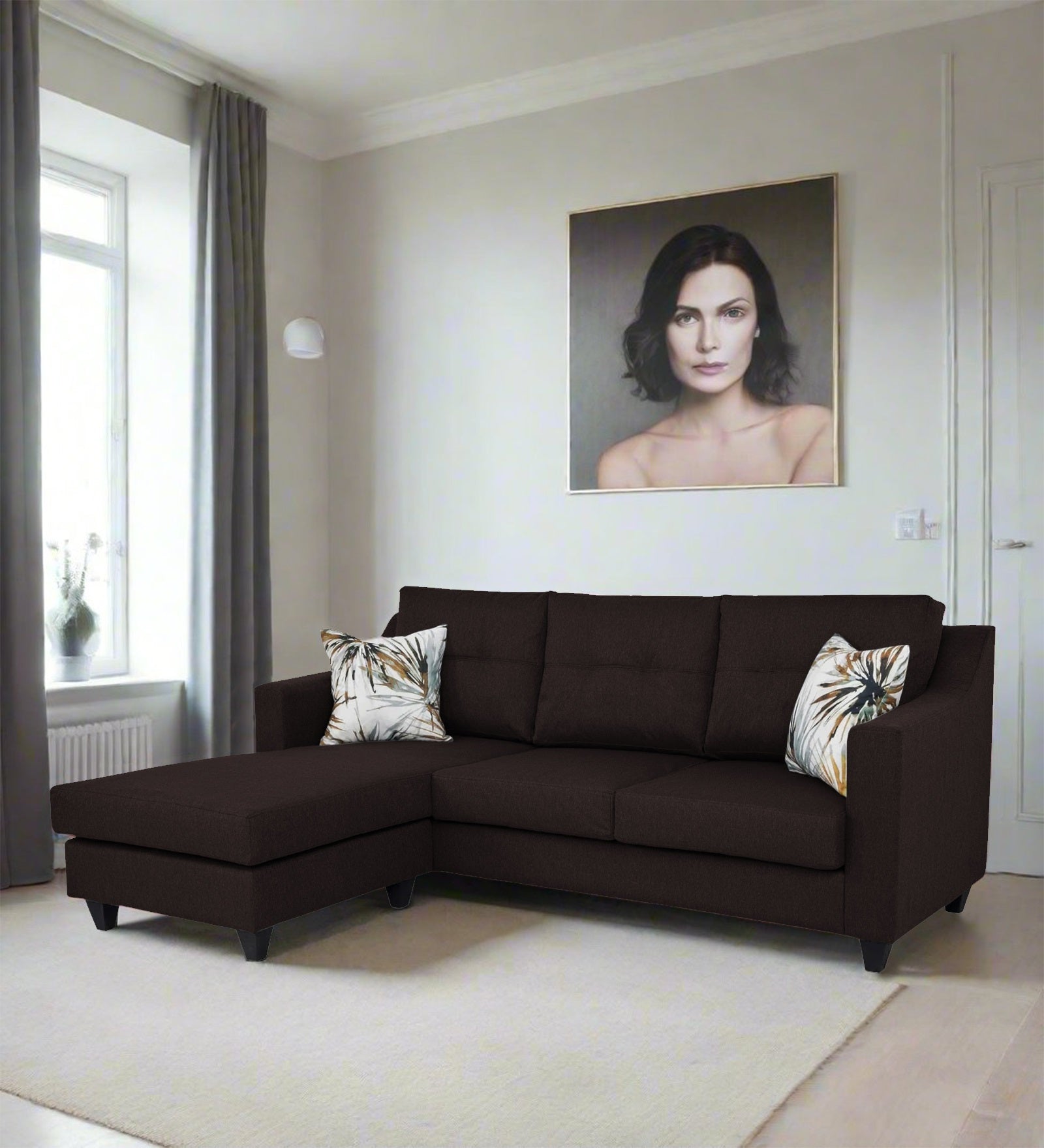 Welly Fabric RHS Sectional Sofa (2+Lounger) In Dark Brown Colour - Febonic Living