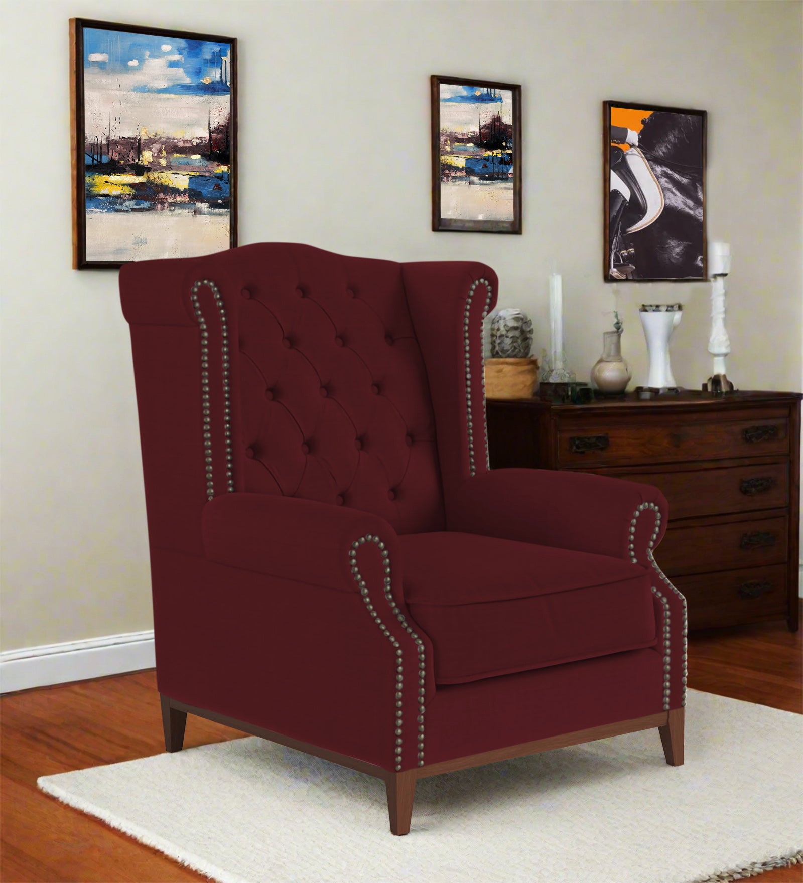 Nory Fabric Wing Chair In Blood Maroon Colour - Febonic Living