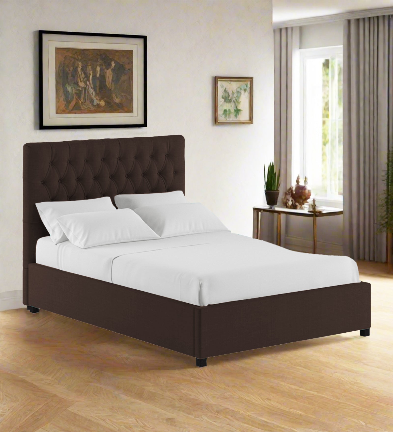 Isko Fabric King Size Bed In Coffee Brown Colour With Storage Box - Febonic Living