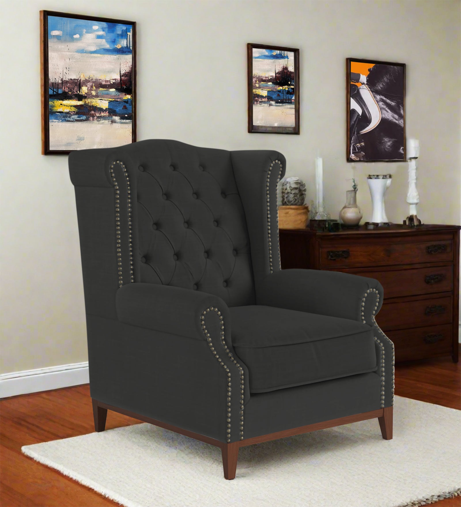Nory Fabric Wing Chair In Charcoal Grey Colour - Febonic Living