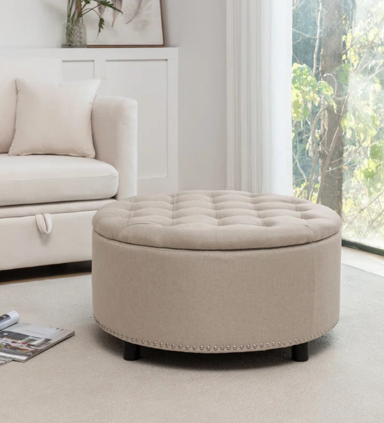 Fleety Fabric Ottoman In Ivory Cream Colour With Storage - Febonic Living