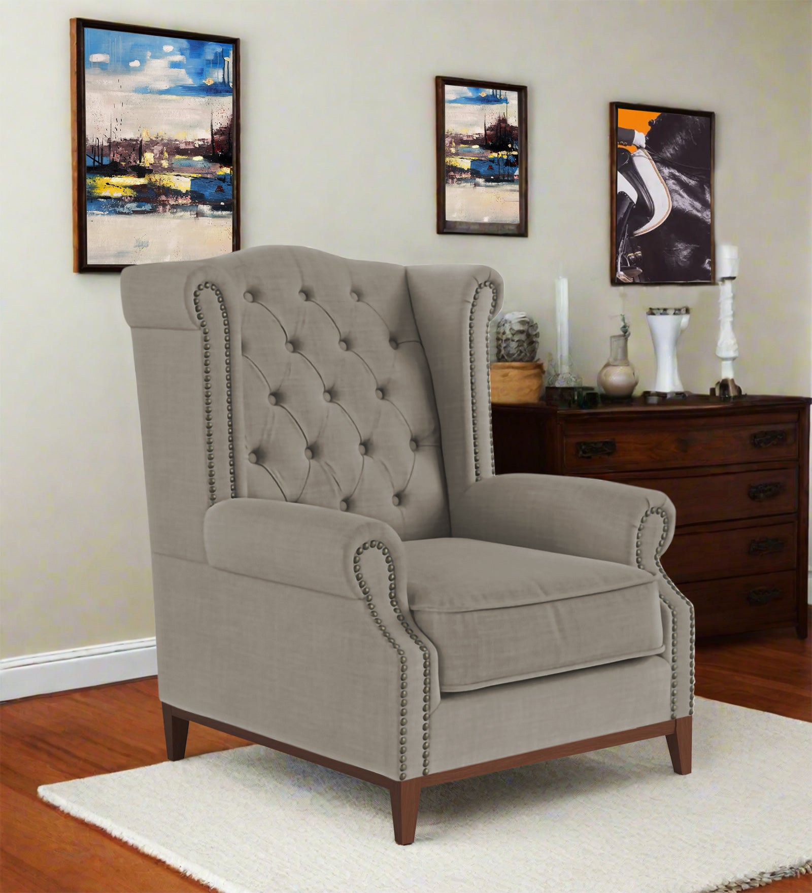 Nory Fabric Wing Chair In Ash Grey Colour - Febonic Living