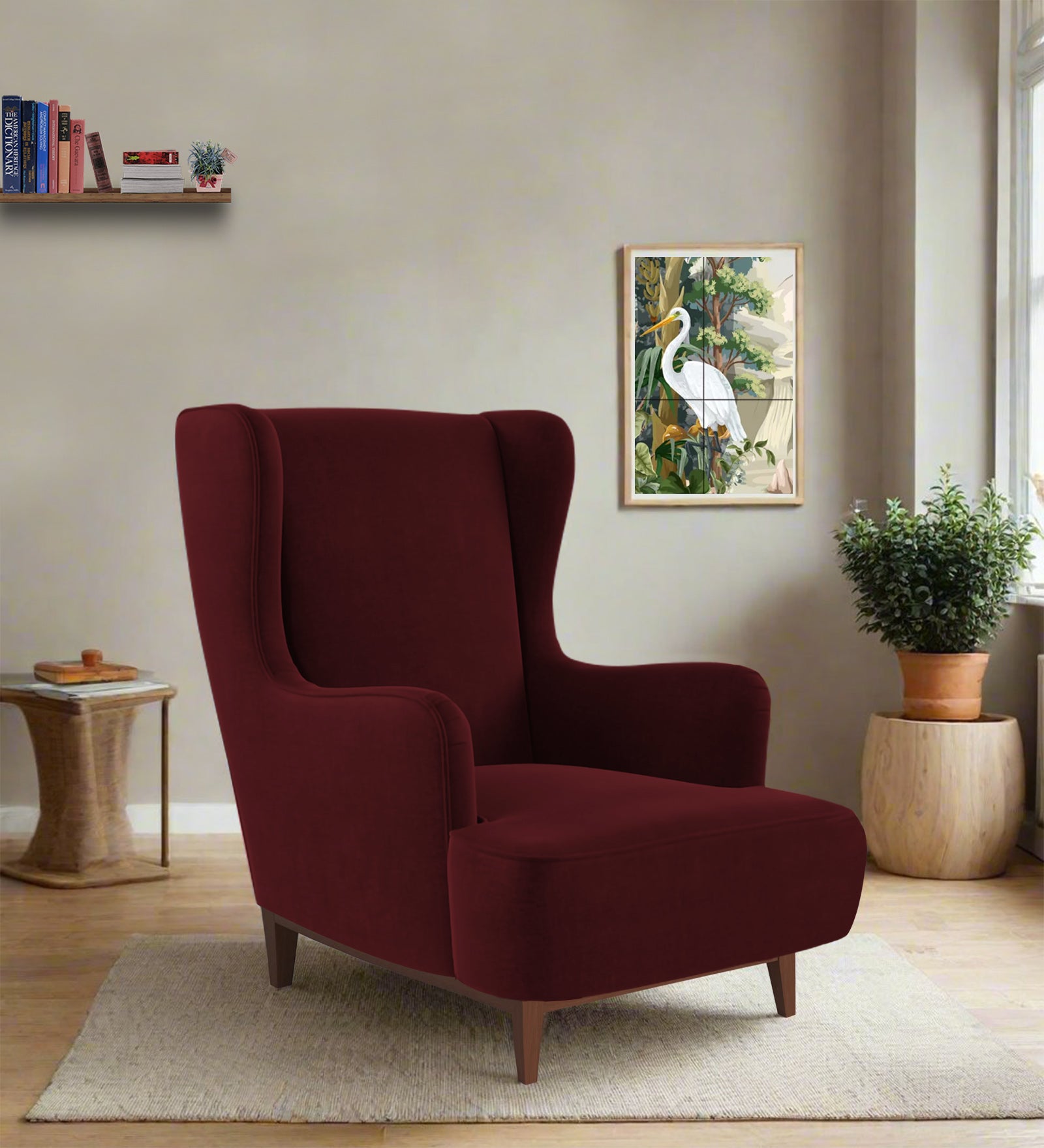 Suri Velvet Wing Chair In Dark Maroon Colour - Febonic Living