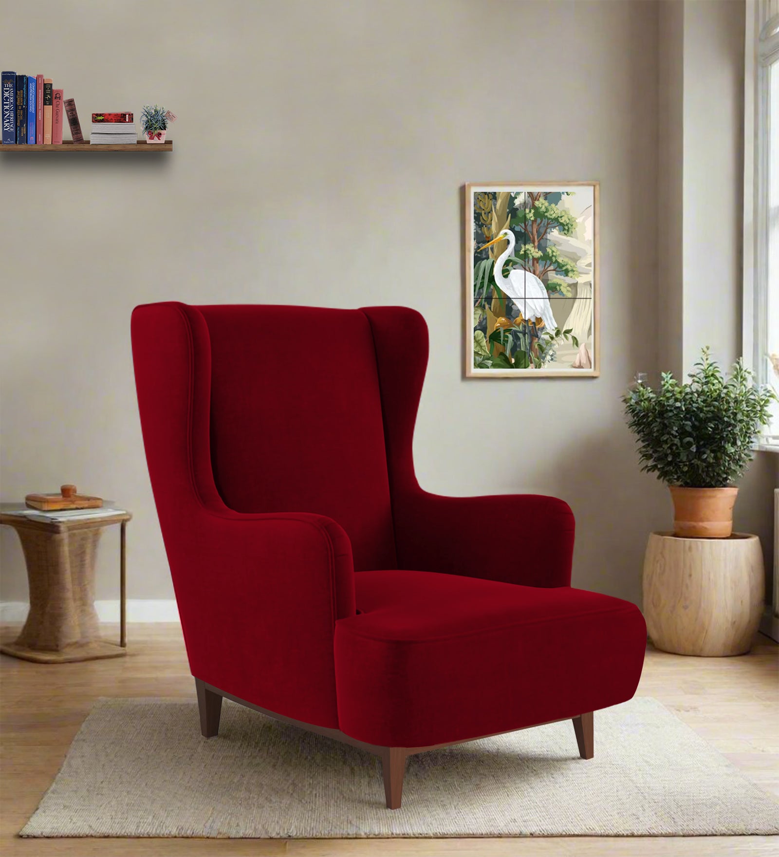 Suri Velvet Wing Chair In Cherry Red Colour - Febonic Living
