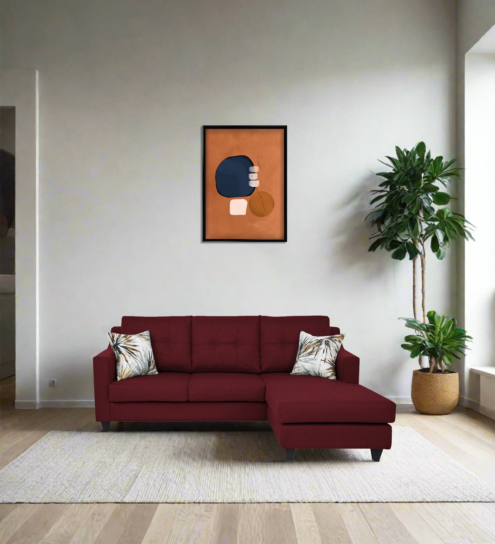 Welly Fabric LHS Sectional Sofa (2+Lounger) In Blood Maroon Colour - Febonic Living