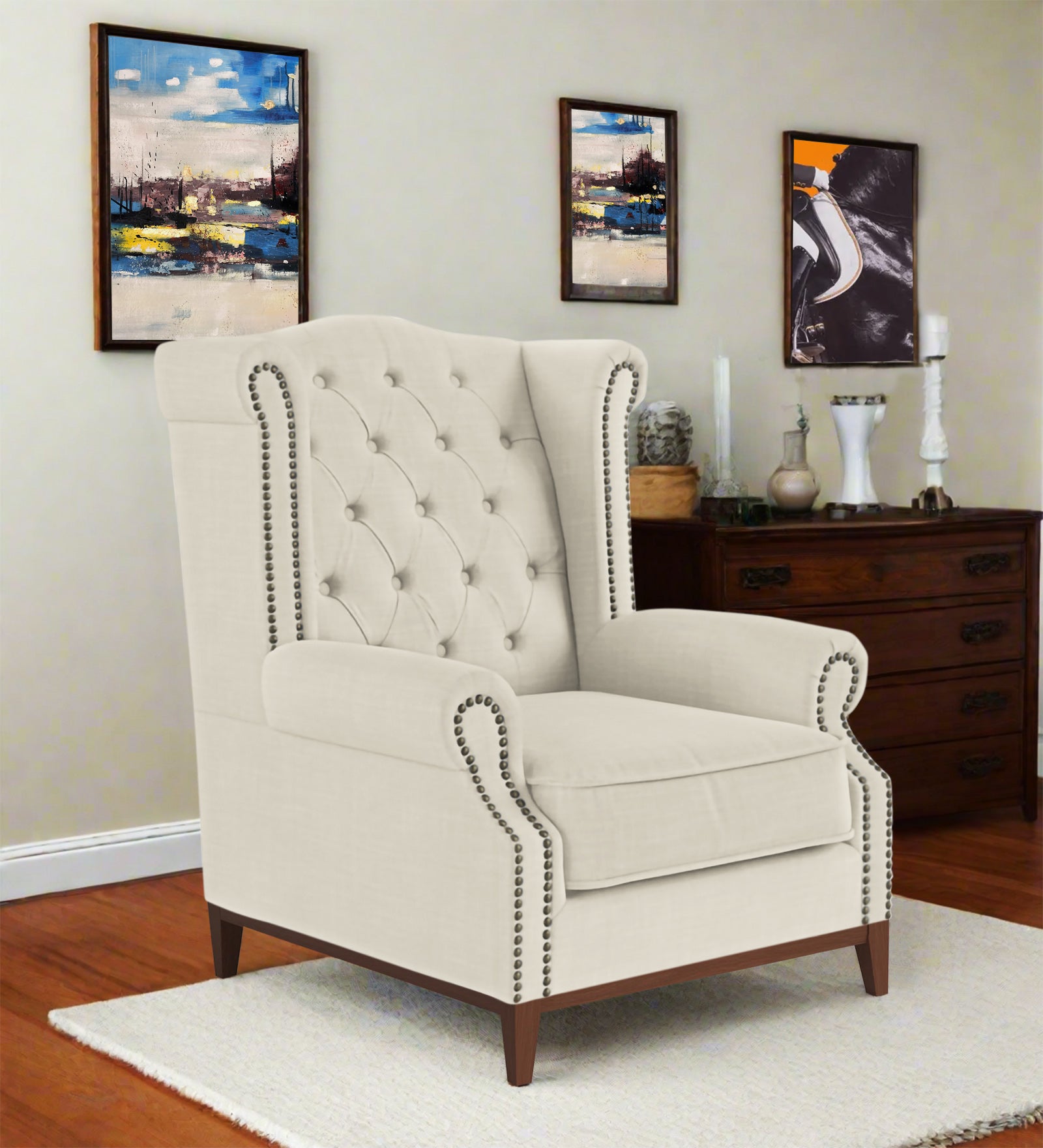 Nory Fabric Wing Chair In Ivory Cream Colour - Febonic Living
