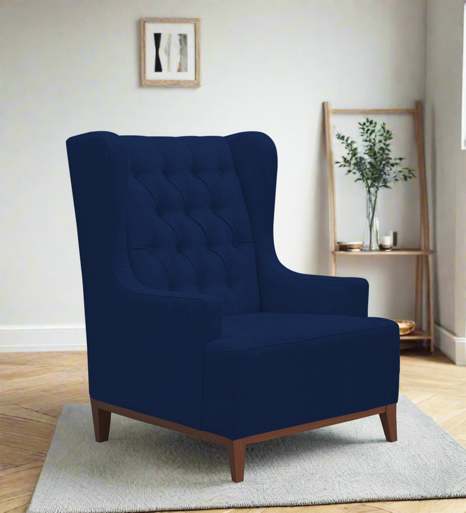 Kuchi Fabric Wing Chair In Royal Blue Colour - Febonic Living