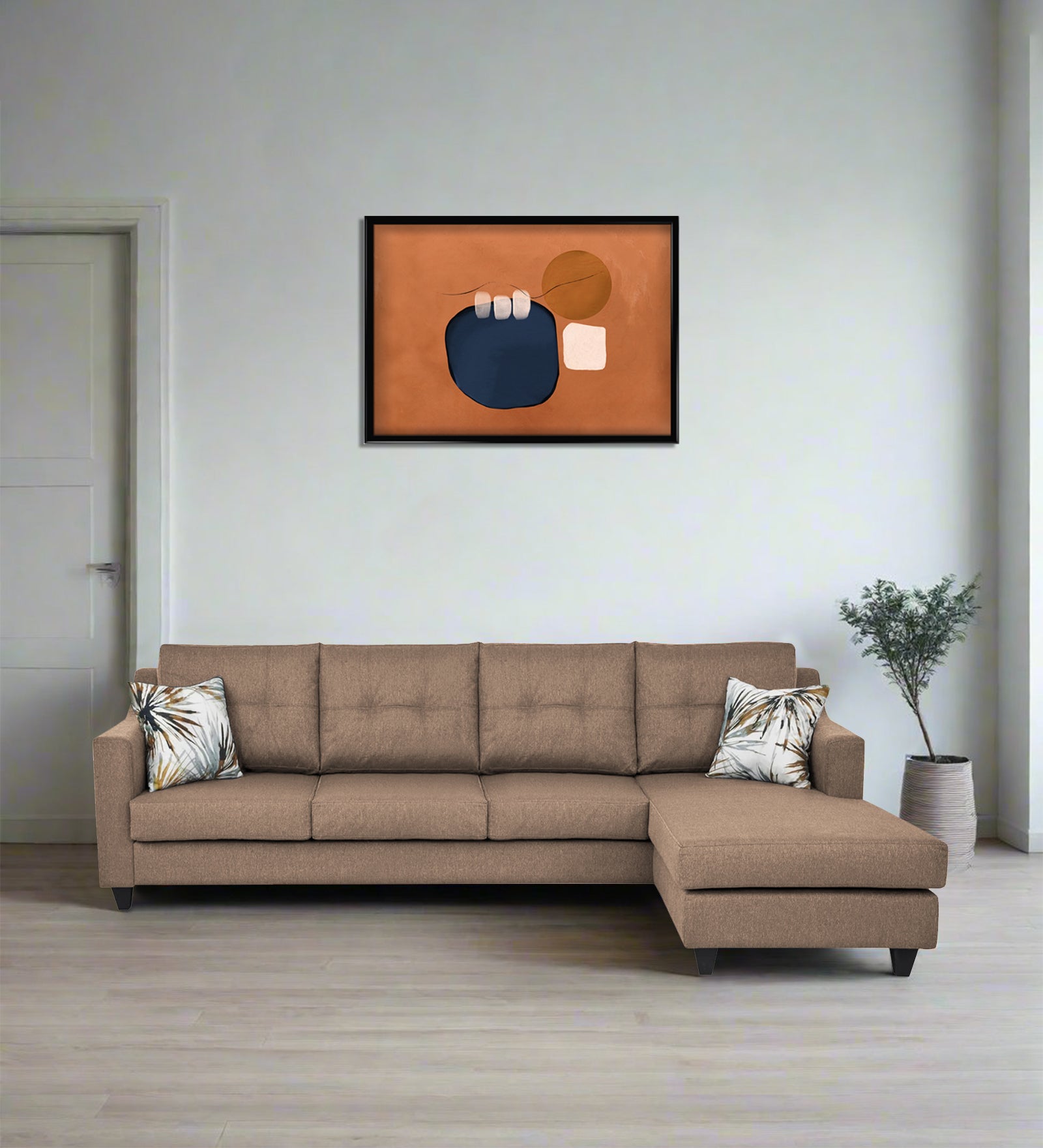 Welly Fabric LHS Sectional Sofa (3+Lounger) In Cookie Beige Colour - Febonic Living