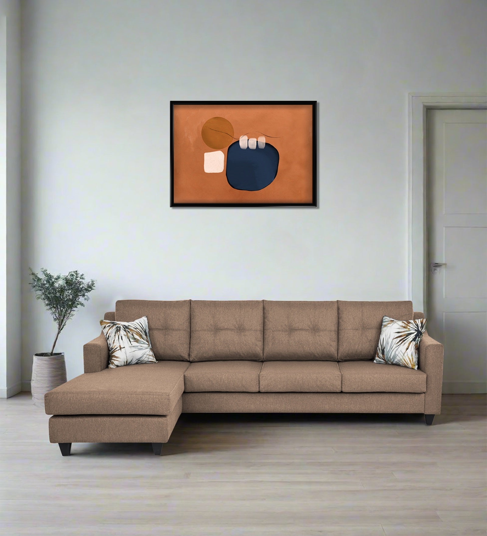 Welly Fabric RHS Sectional Sofa (3+Lounger) In Cookie Beige Colour - Febonic Living