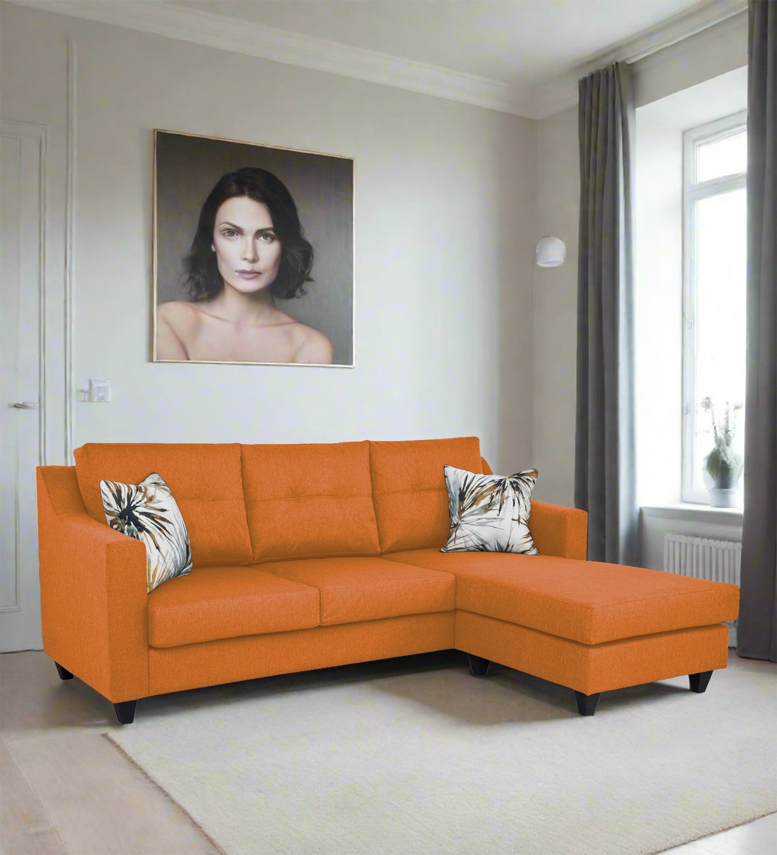 Welly Fabric LHS Sectional Sofa (2+Lounger) In Dark Orange Colour