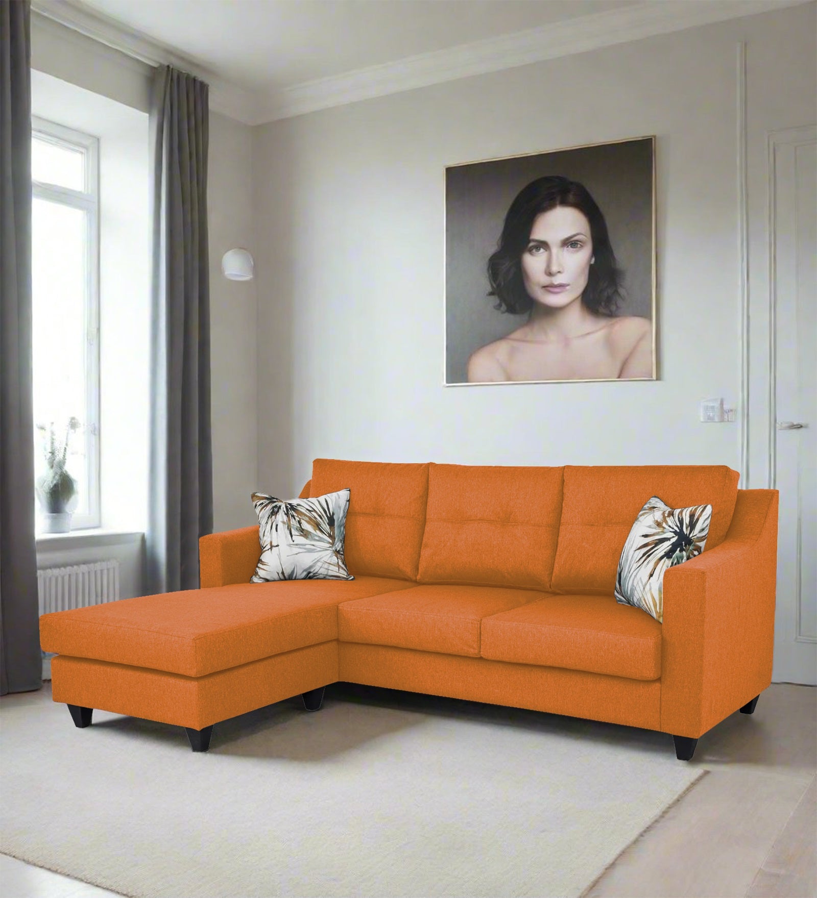 Welly Fabric RHS Sectional Sofa (2+Lounger) In Dark Orange Colour - Febonic Living