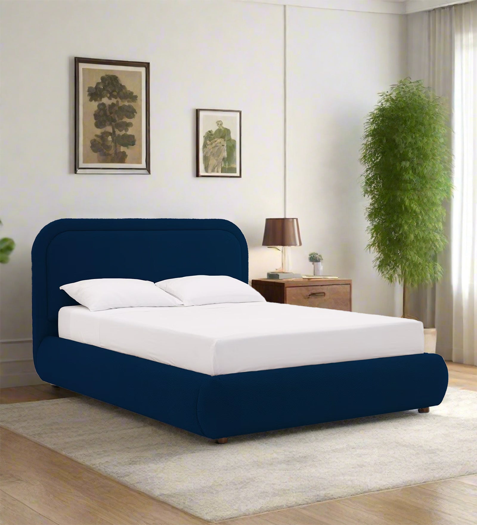 Nemo Boucle Fabric King Size Bed in Classic Blue Colour - Febonic Living