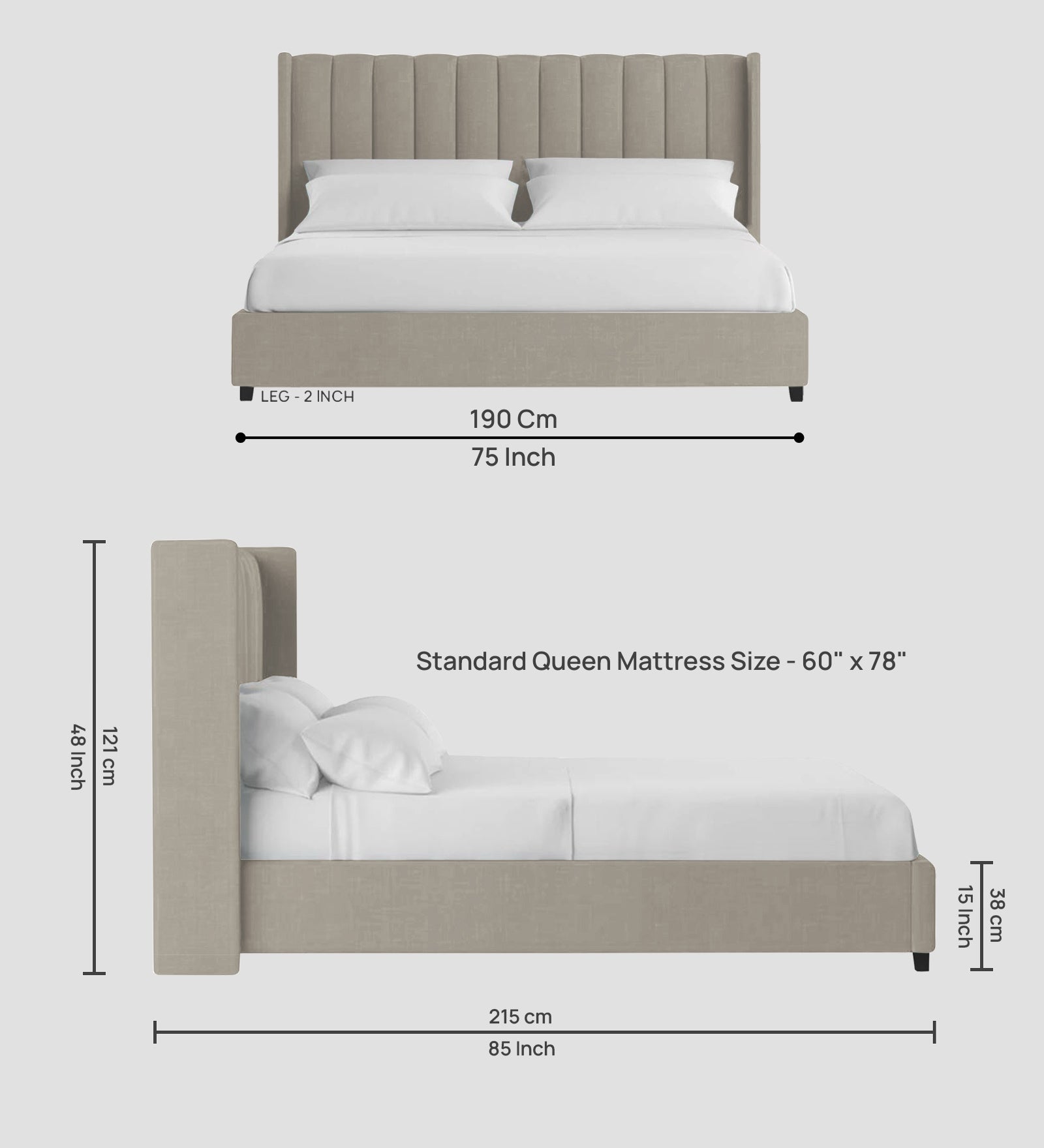 Colina Fabric Queen Size Bed In Ash Grey Colour With Box Storage - Febonic Living