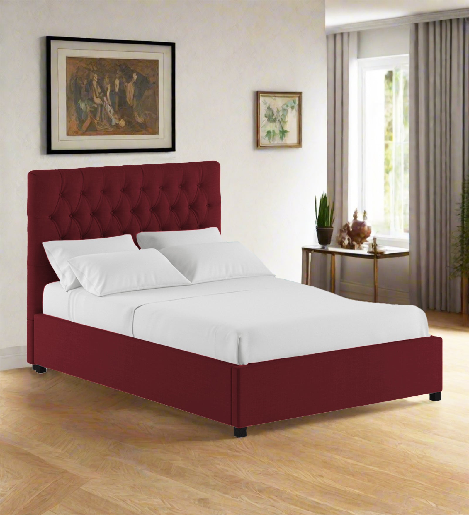Isko Fabric King Size Bed In Blood Maroon Colour With Storage Box - Febonic Living
