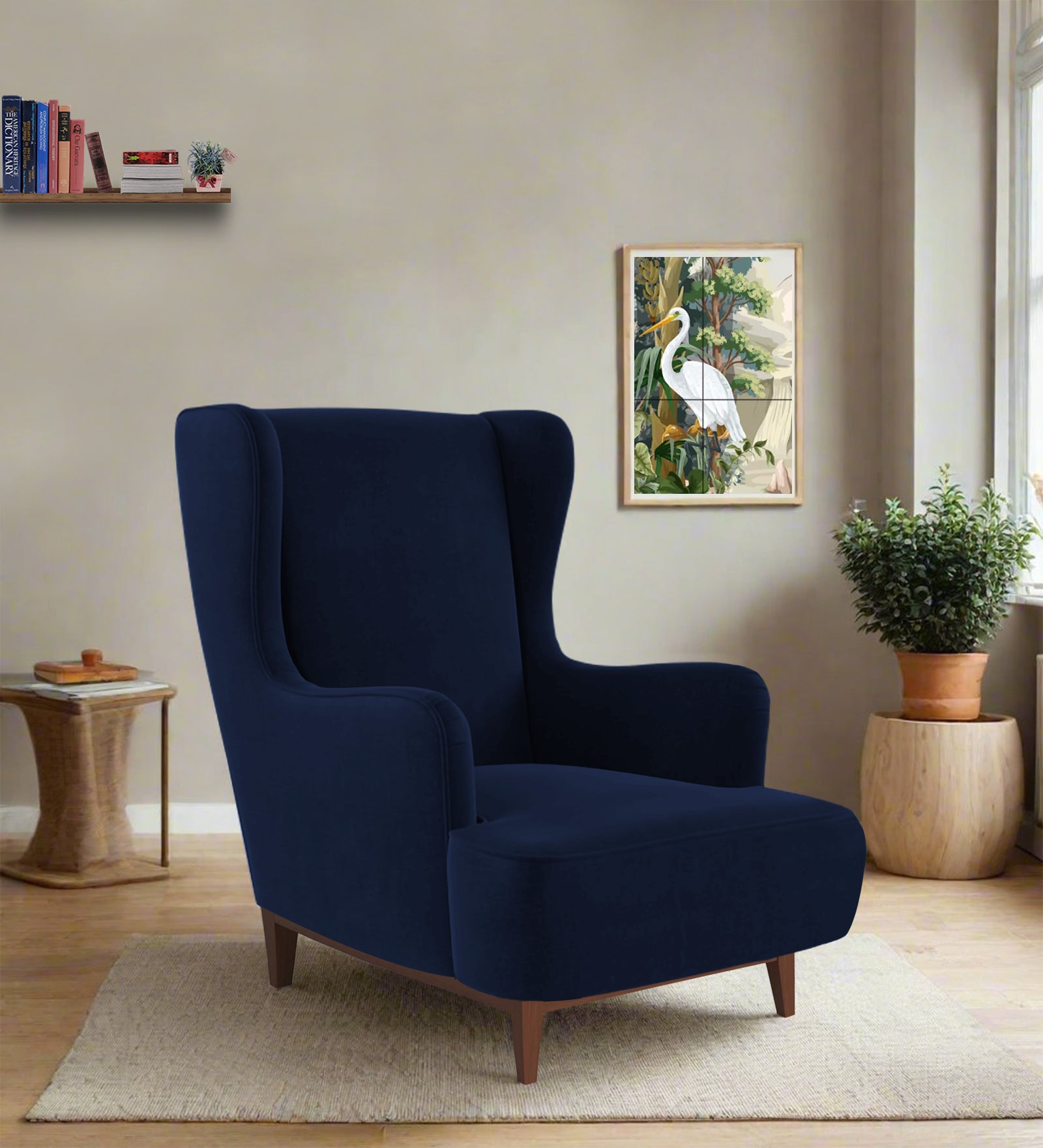 Suri Velvet Wing Chair In Dark Blue Colour - Febonic Living