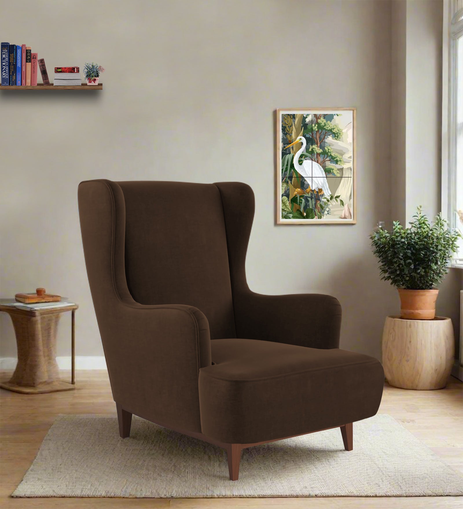 Suri Velvet Wing Chair In Cholocate Brown Colour - Febonic Living