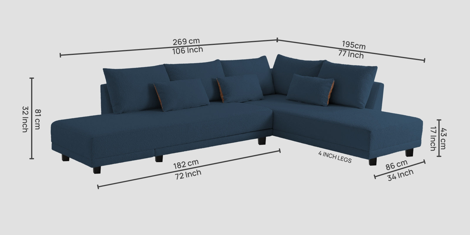 Ira Boucle Fabric LHS 6 Seater Convertible Sofa Cum Bed In Classic Blue Colour - Febonic Living
