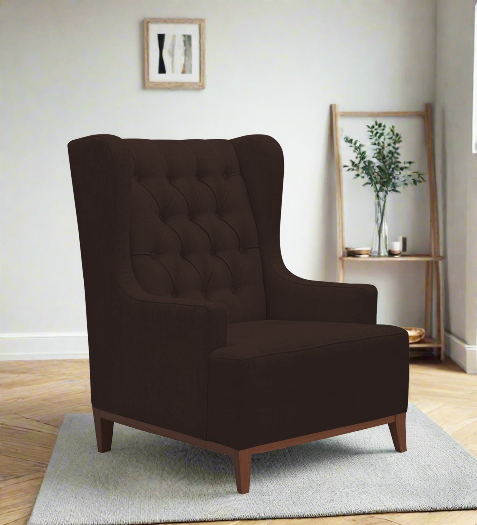 Kuchi Fabric Wing Chair In Coffee Brown Colour - Febonic Living