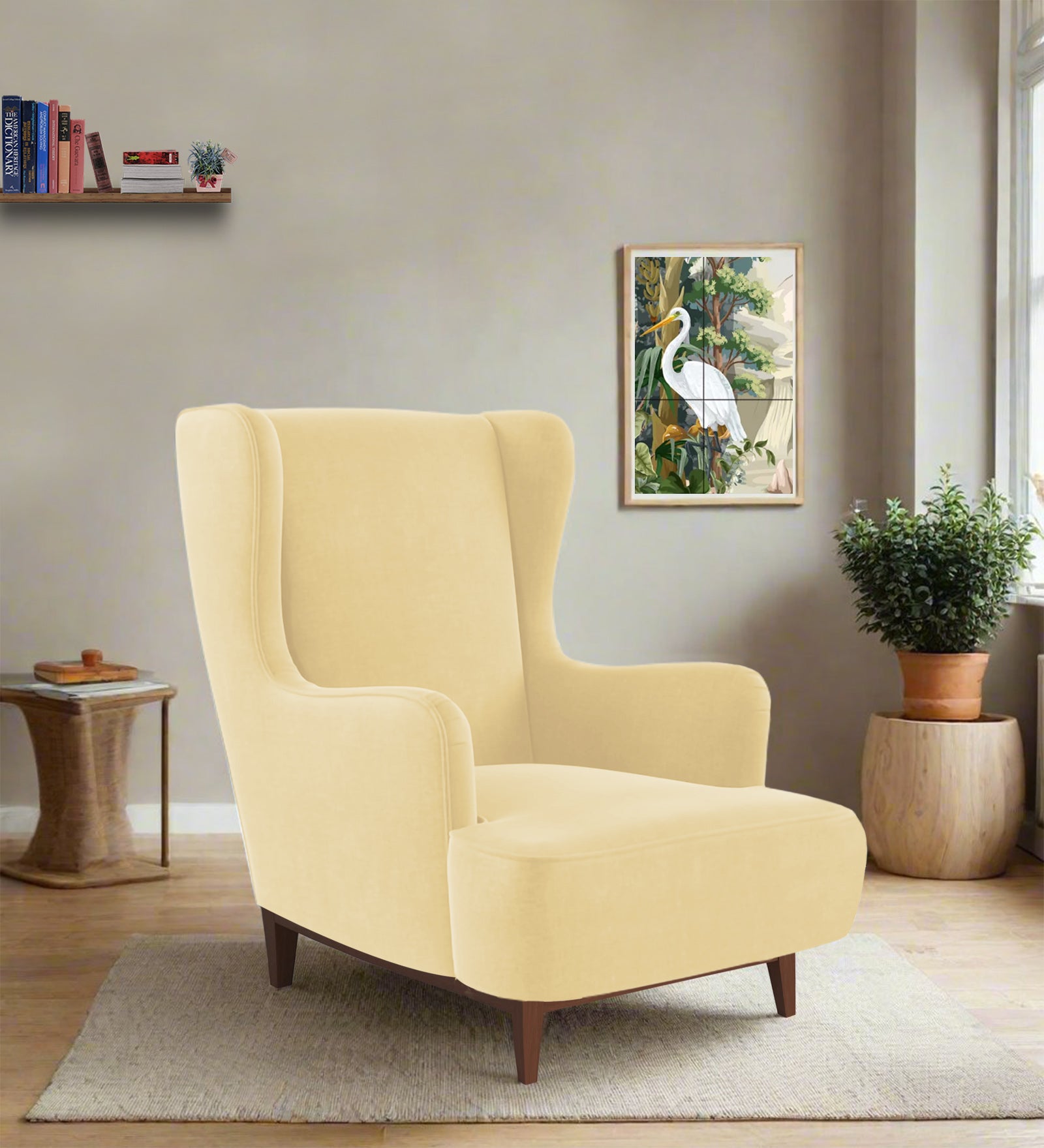 Suri Velvet Wing Chair In Sandy Beige Colour - Febonic Living