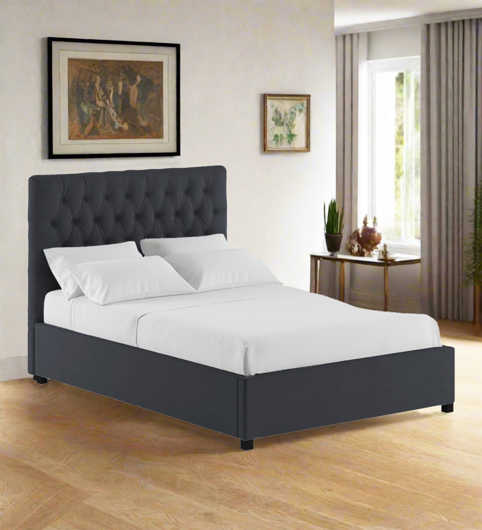 Isko Fabric King Size Bed In Charcoal Grey Colour With Storage Box - Febonic Living