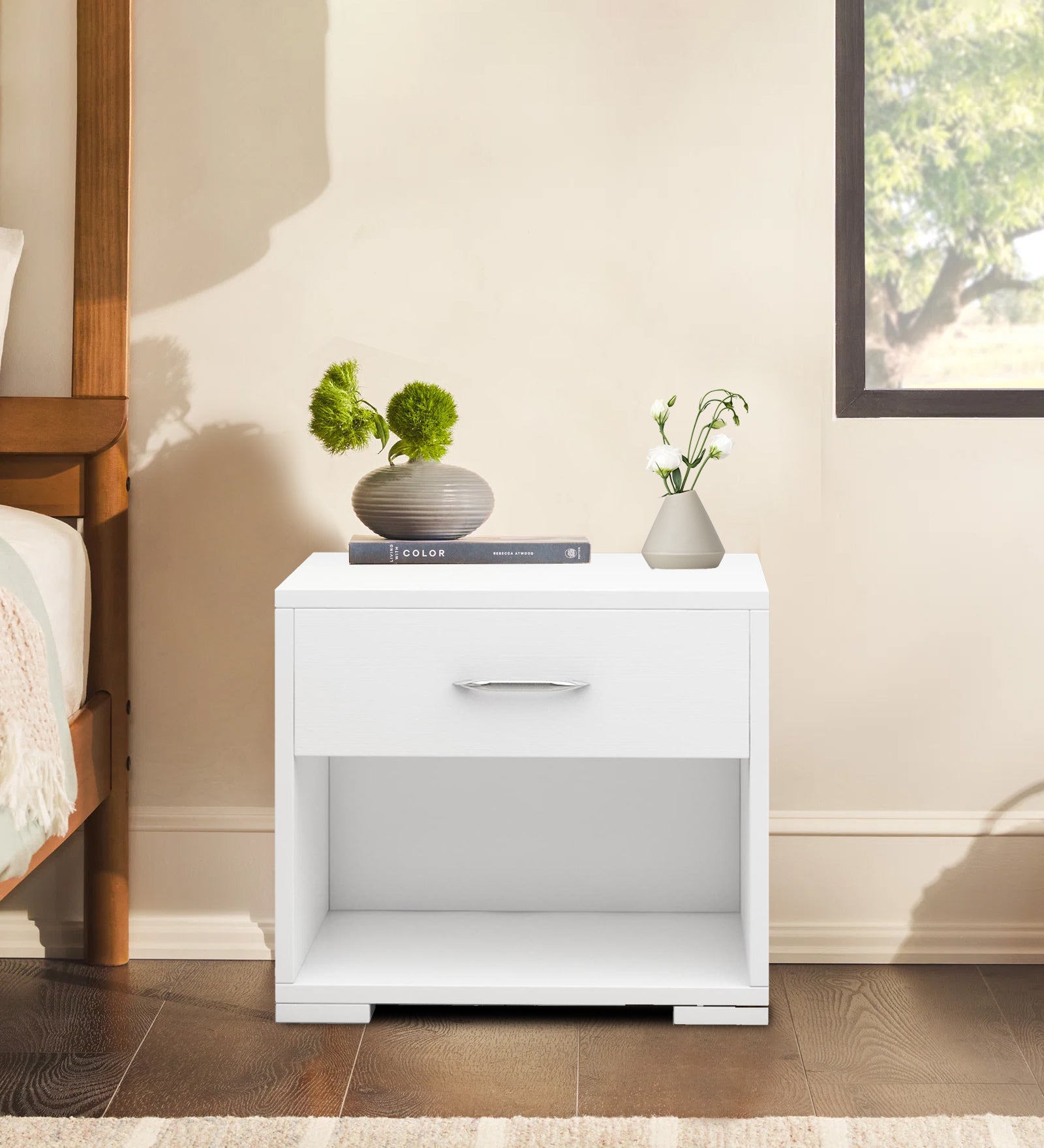 Elvik Bedside Table With Drawer In Frosty White Finish - Febonic Living