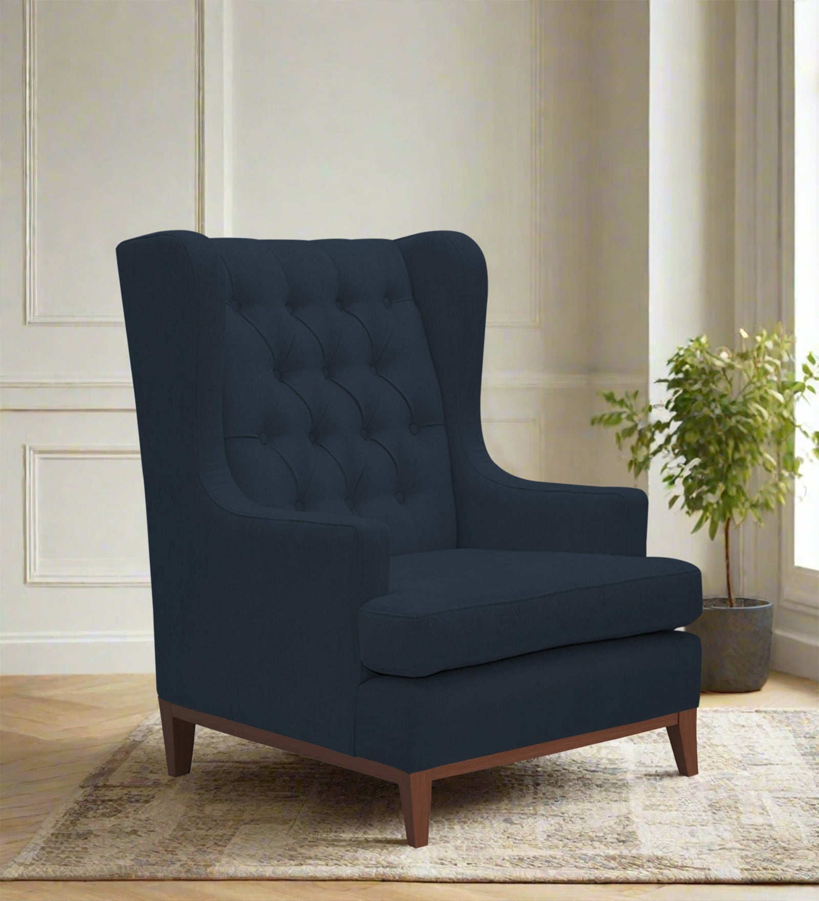 Panas Fabric Wing Chair In Denim Blue Colour - Febonic Living