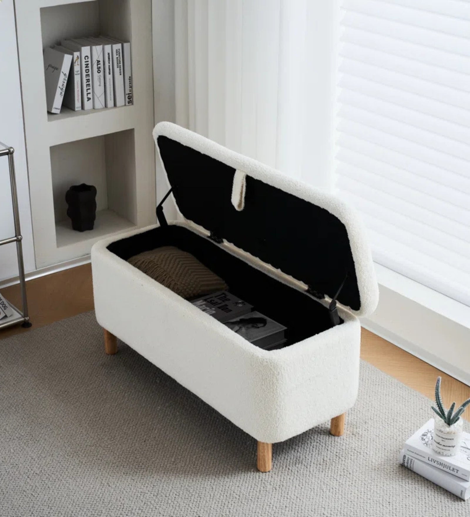 Daya Boucle Fabric Ottoman In Bright White Colour With Storage - Febonic Living