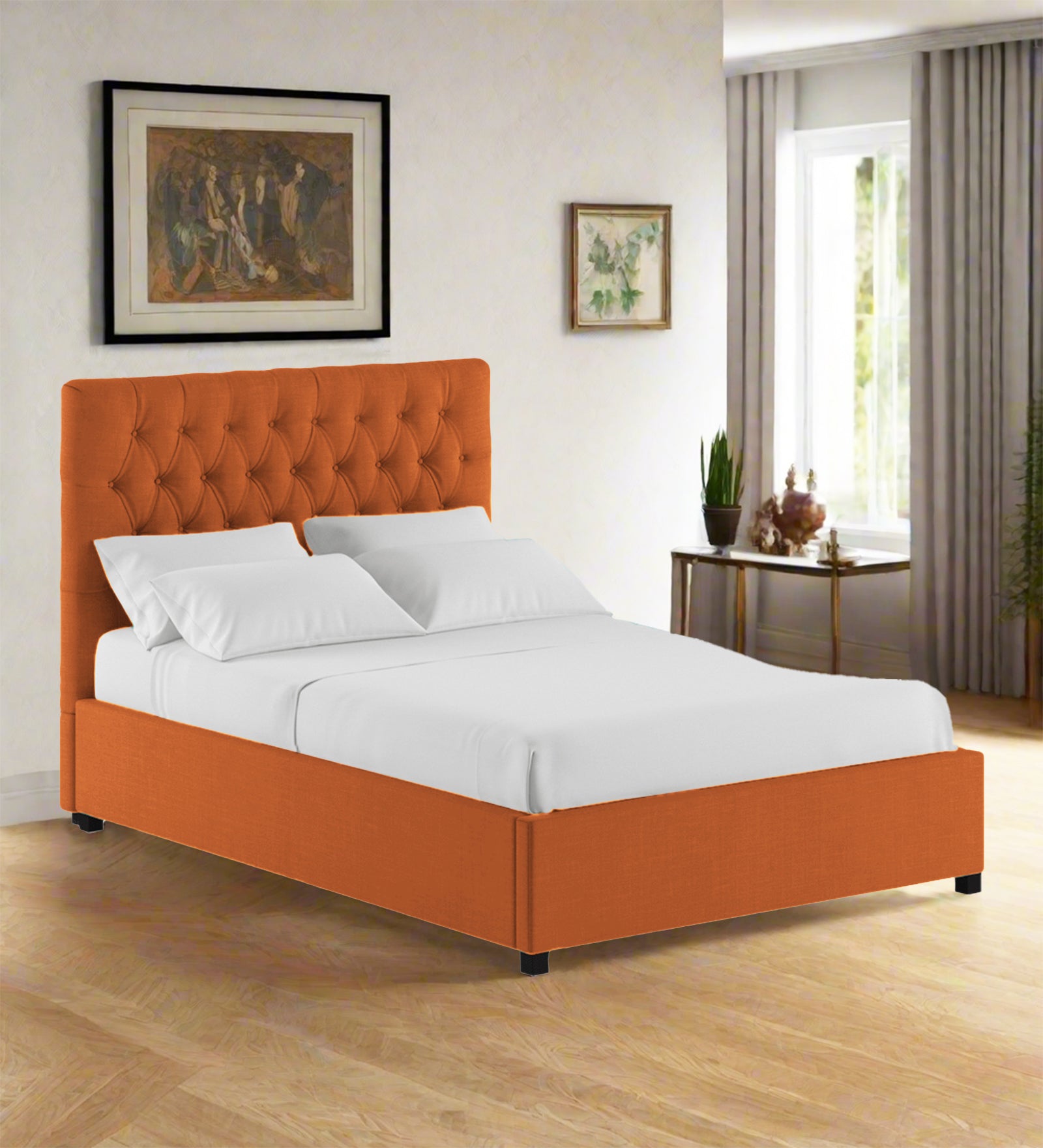 Isko Fabric King Size Bed In Vivid Orange Colour With Storage Box - Febonic Living