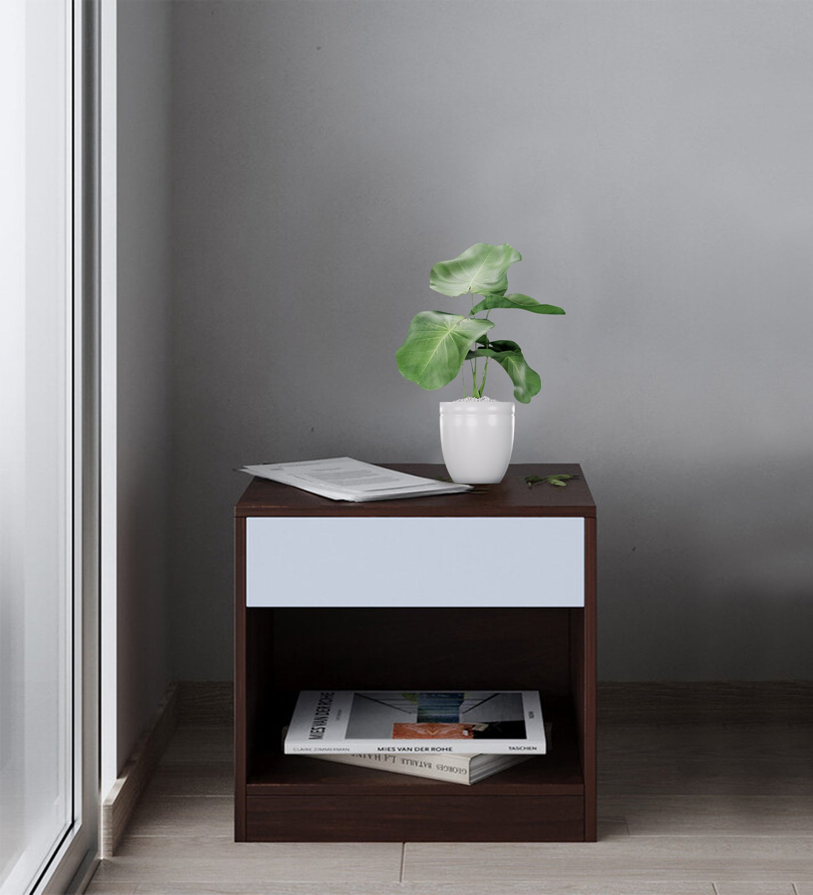 Yosira Bedside Table With Drawer In Dark Walnut Finish - Febonic Living