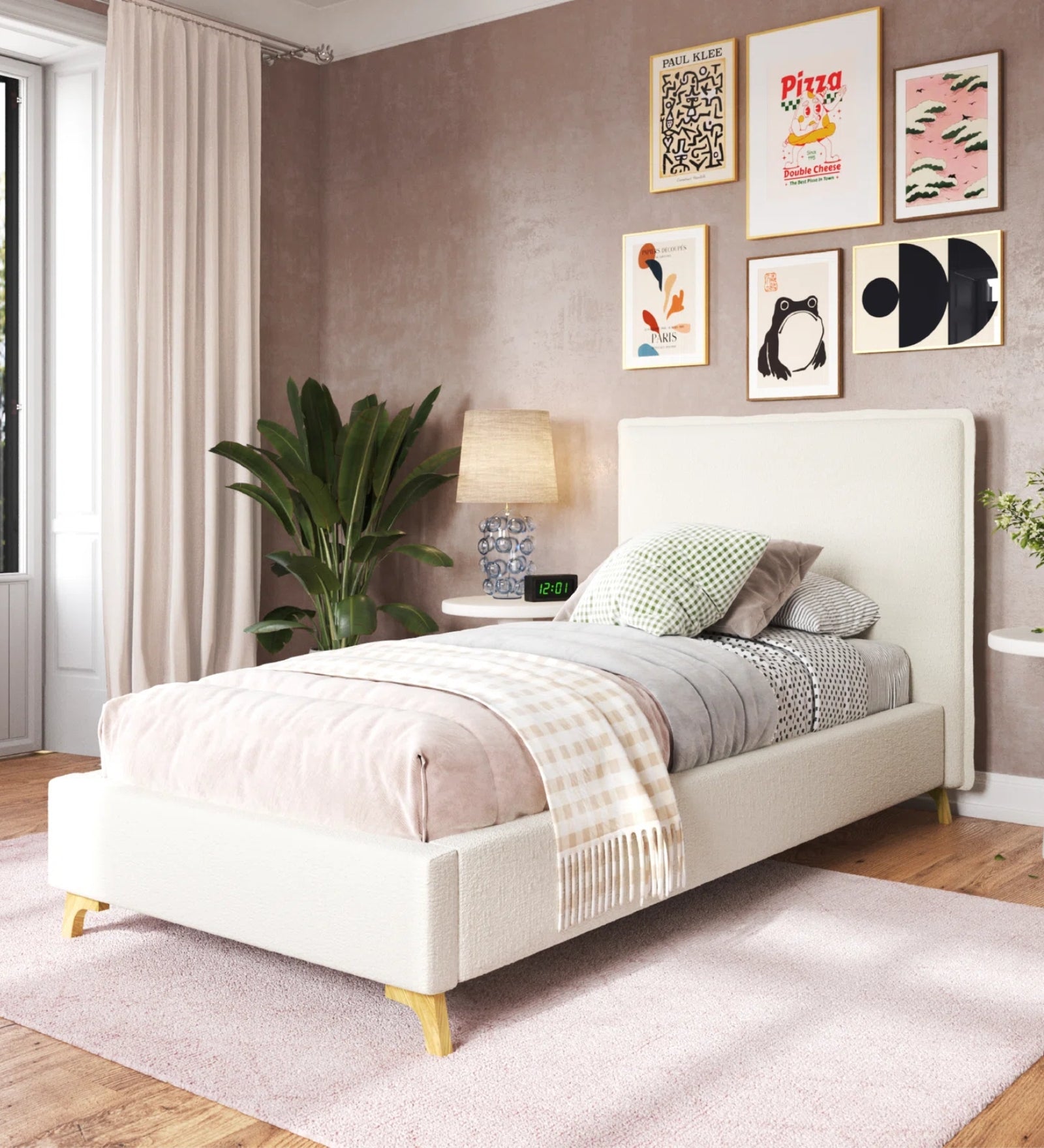 Jiva Boucle Fabric Upholstered Single Size Bed in Shell White Colour - Febonic Living