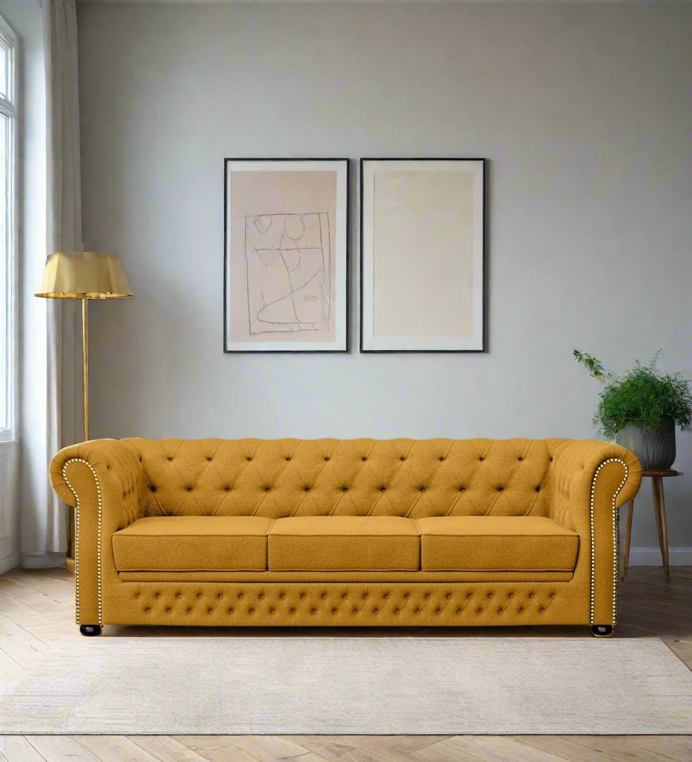 Kunno Fabric Manchester 3 Seater Sofa In Bold Yellow Colour - Febonic Living