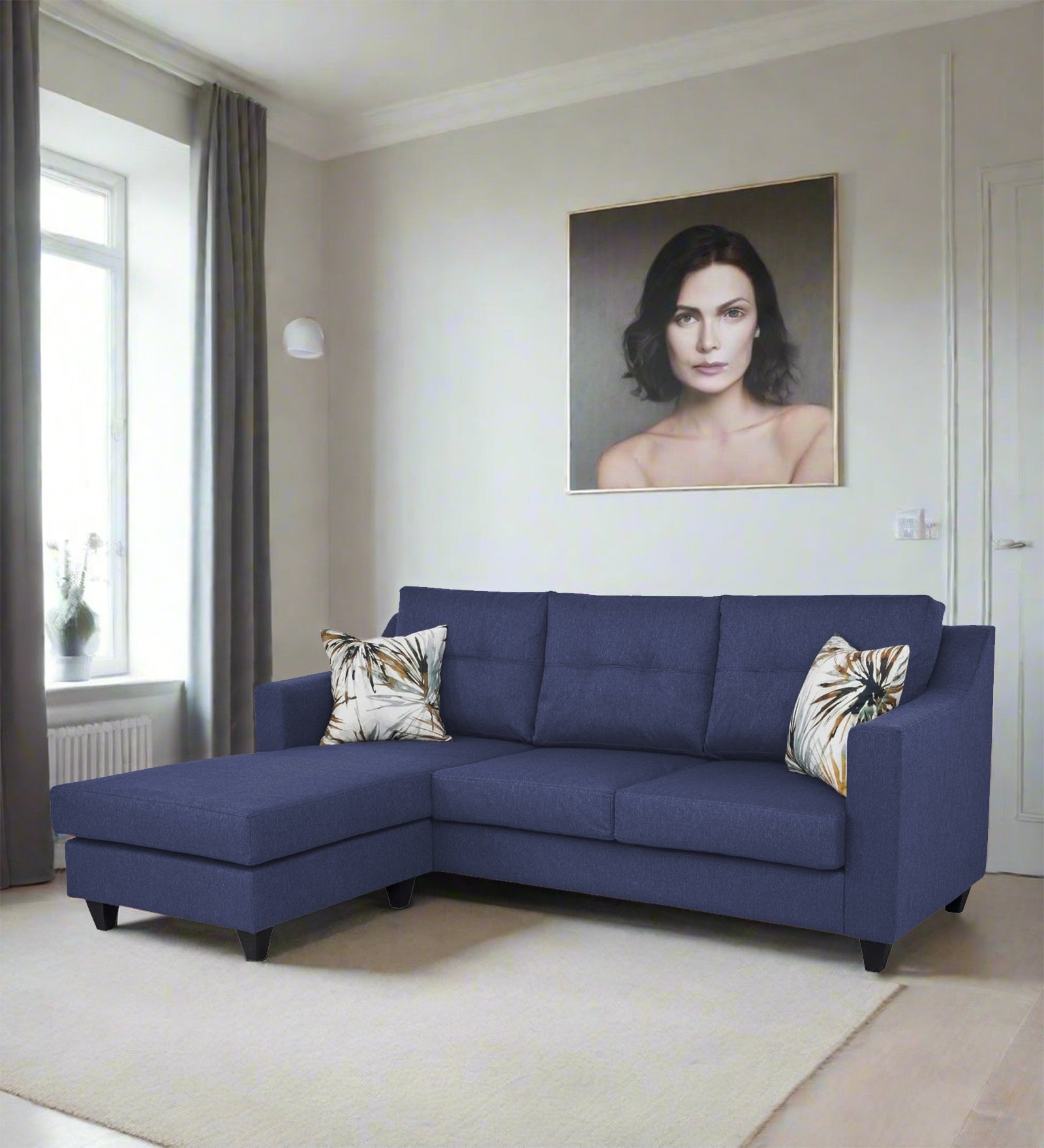 Welly Fabric RHS Sectional Sofa (2+Lounger) In Slate Blue Colour - Febonic Living