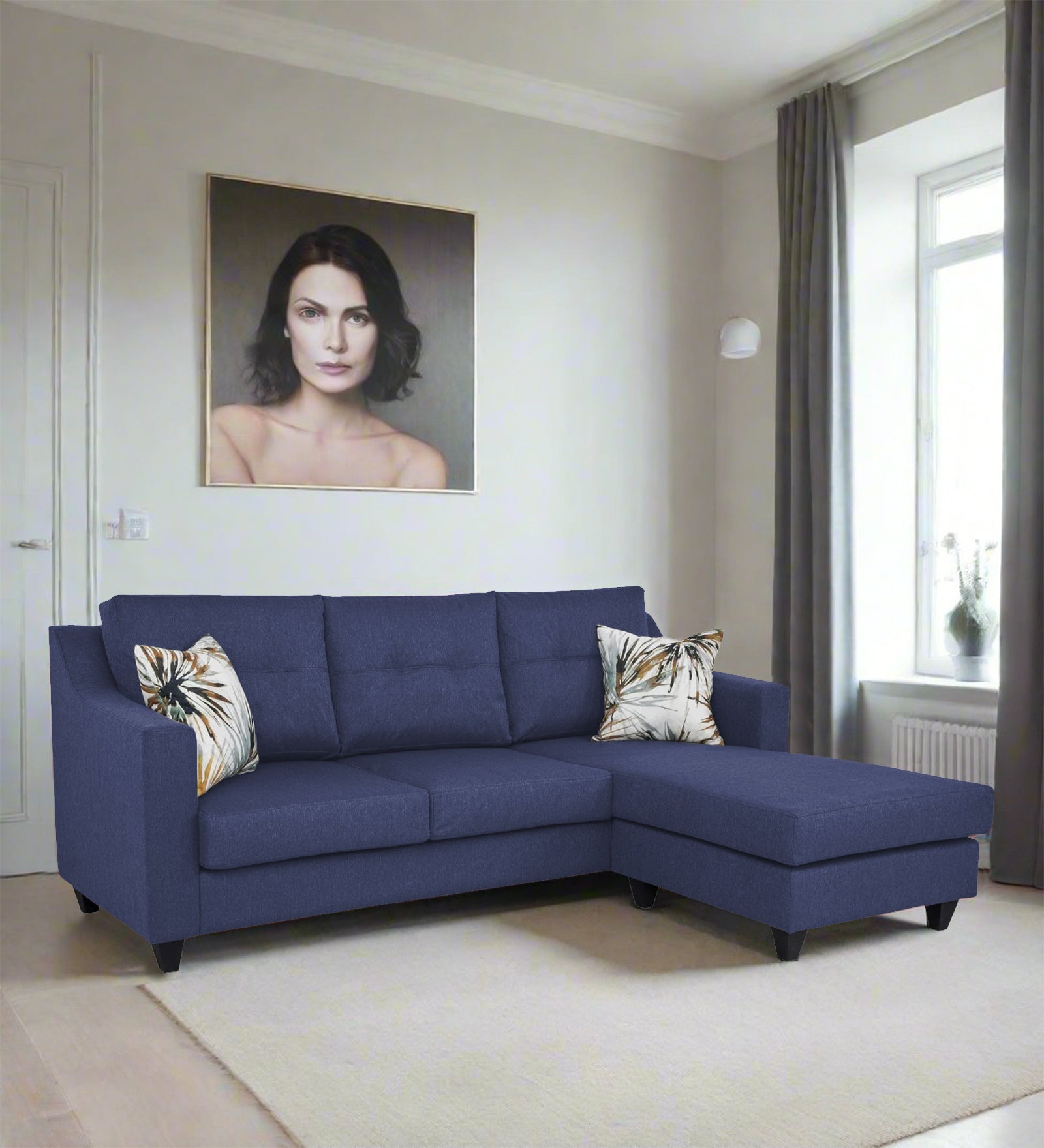Welly Fabric LHS Sectional Sofa (2+Lounger) In Slate Blue Colour - Febonic Living