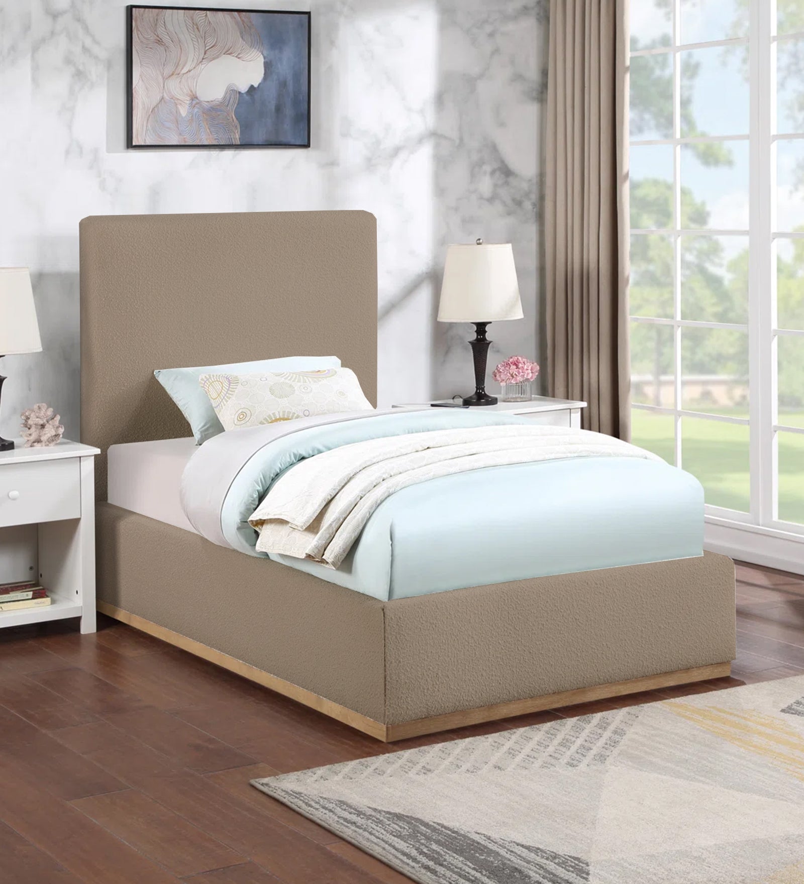 Eddy Boucle Fabric Single Bed in Mushroom Beige - Febonic Living
