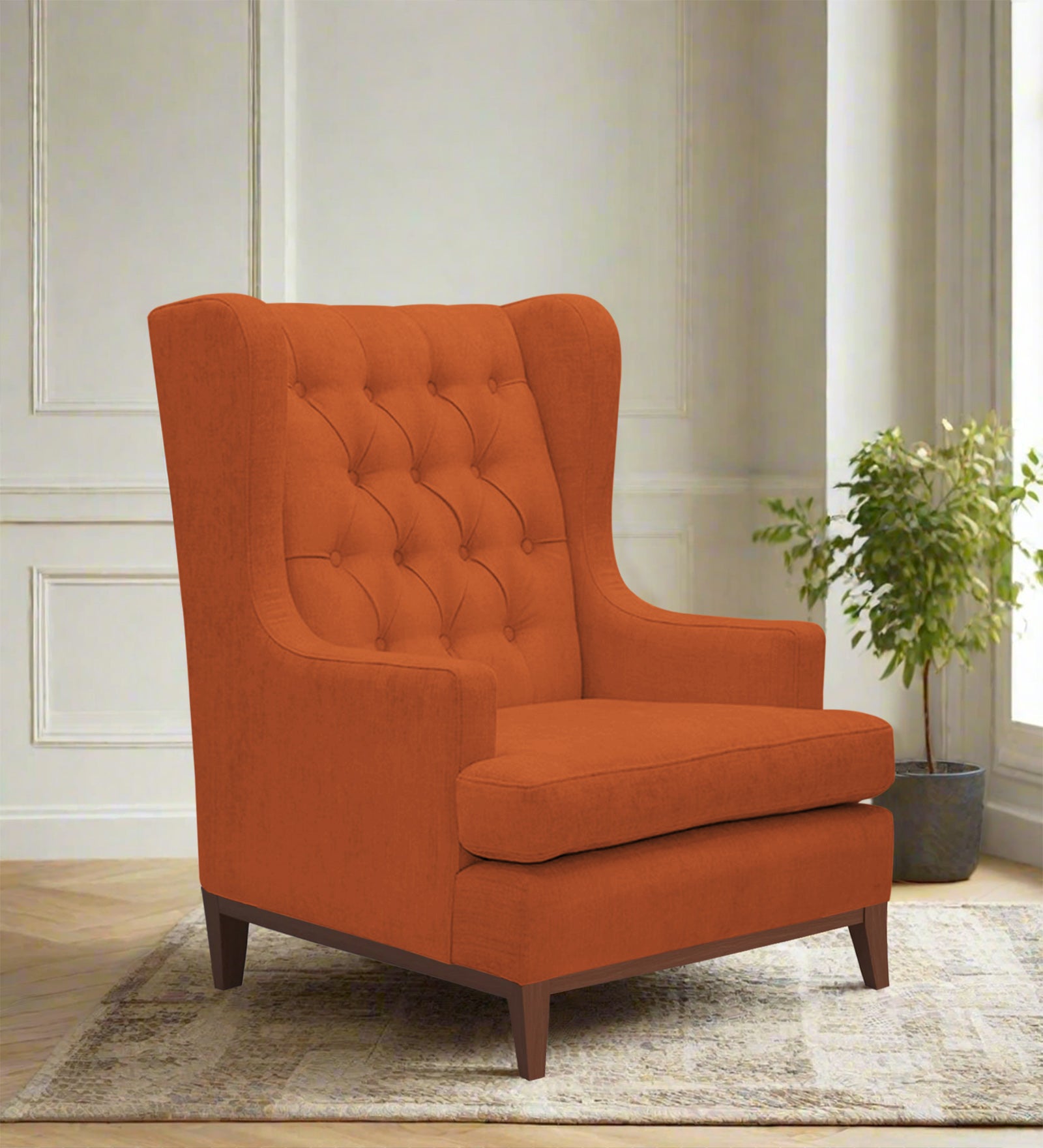 Panas Fabric Wing Chair In Vivid Orange Colour - Febonic Living