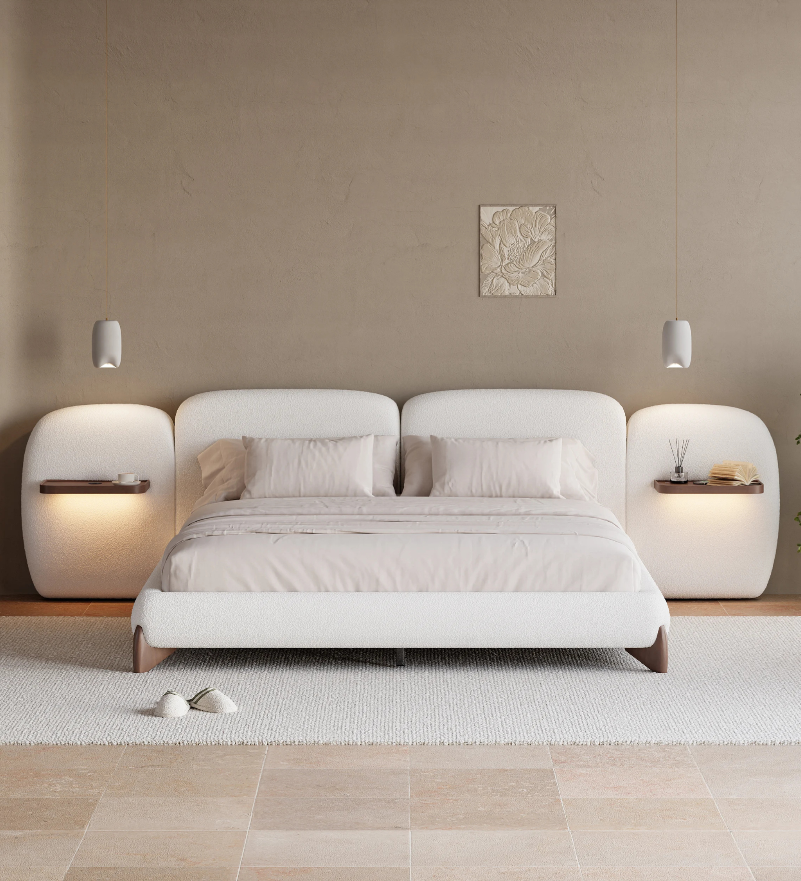 Waru Boucle Fabric King Size Bed in Shell White Colour - Febonic Living