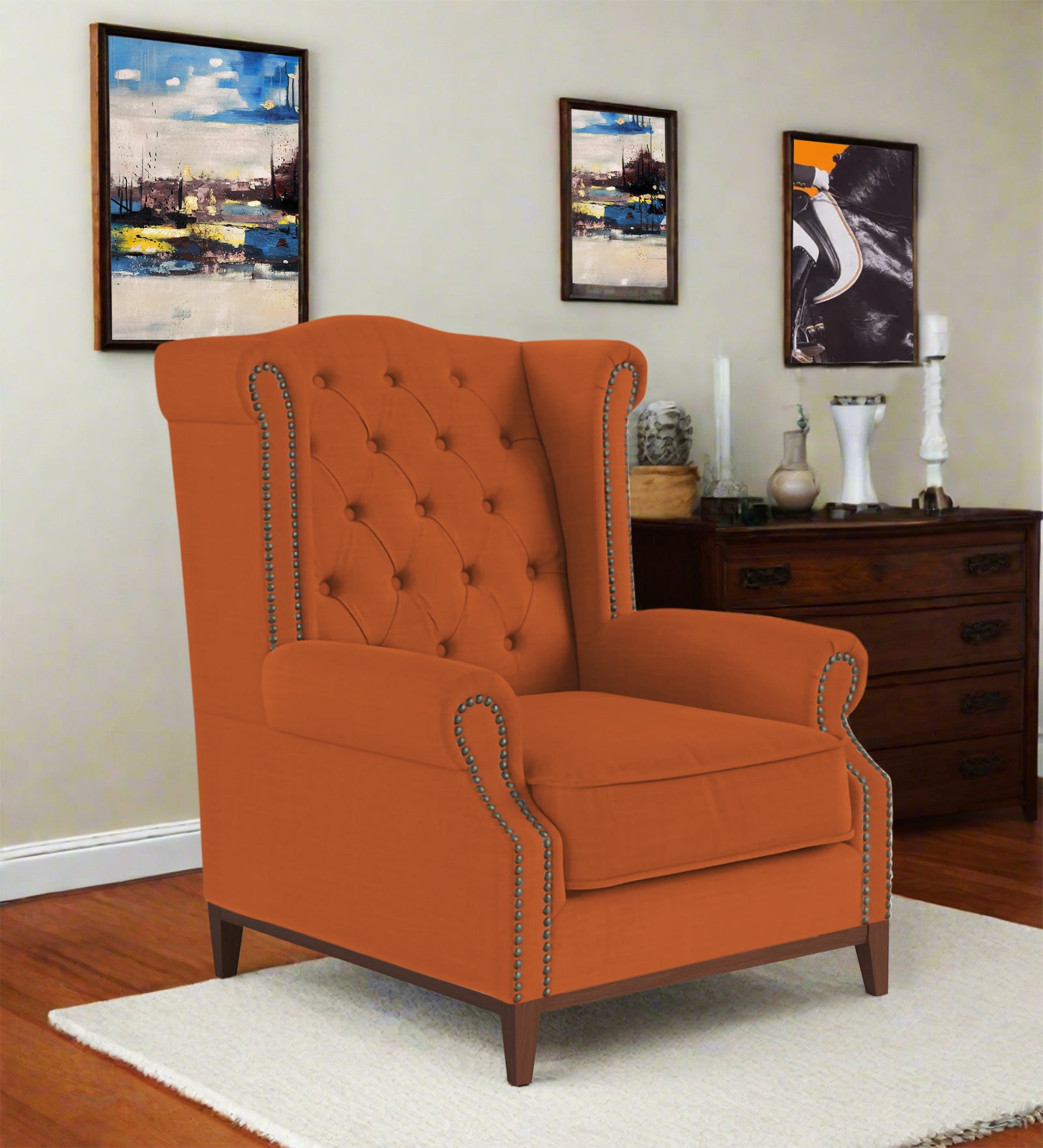Nory Fabric Wing Chair In Vivid Orange Colour - Febonic Living