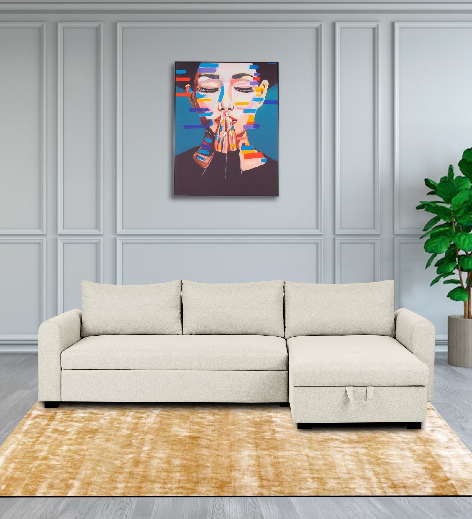 Sigma Fabric LHS Sectional Sofa (3+Lounger) In Ivory Cream Colour - Febonic Living