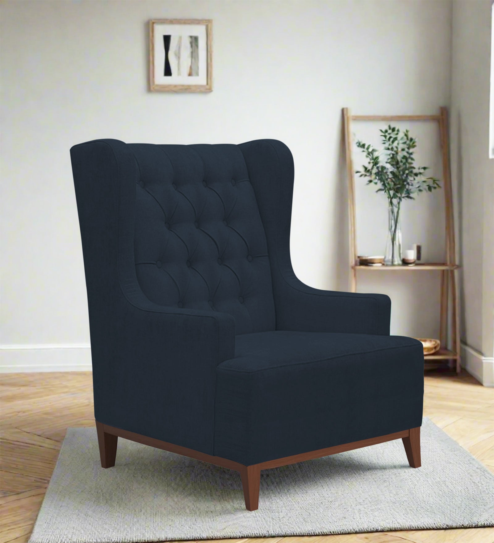 Kuchi Fabric Wing Chair In Denim Blue Colour - Febonic Living