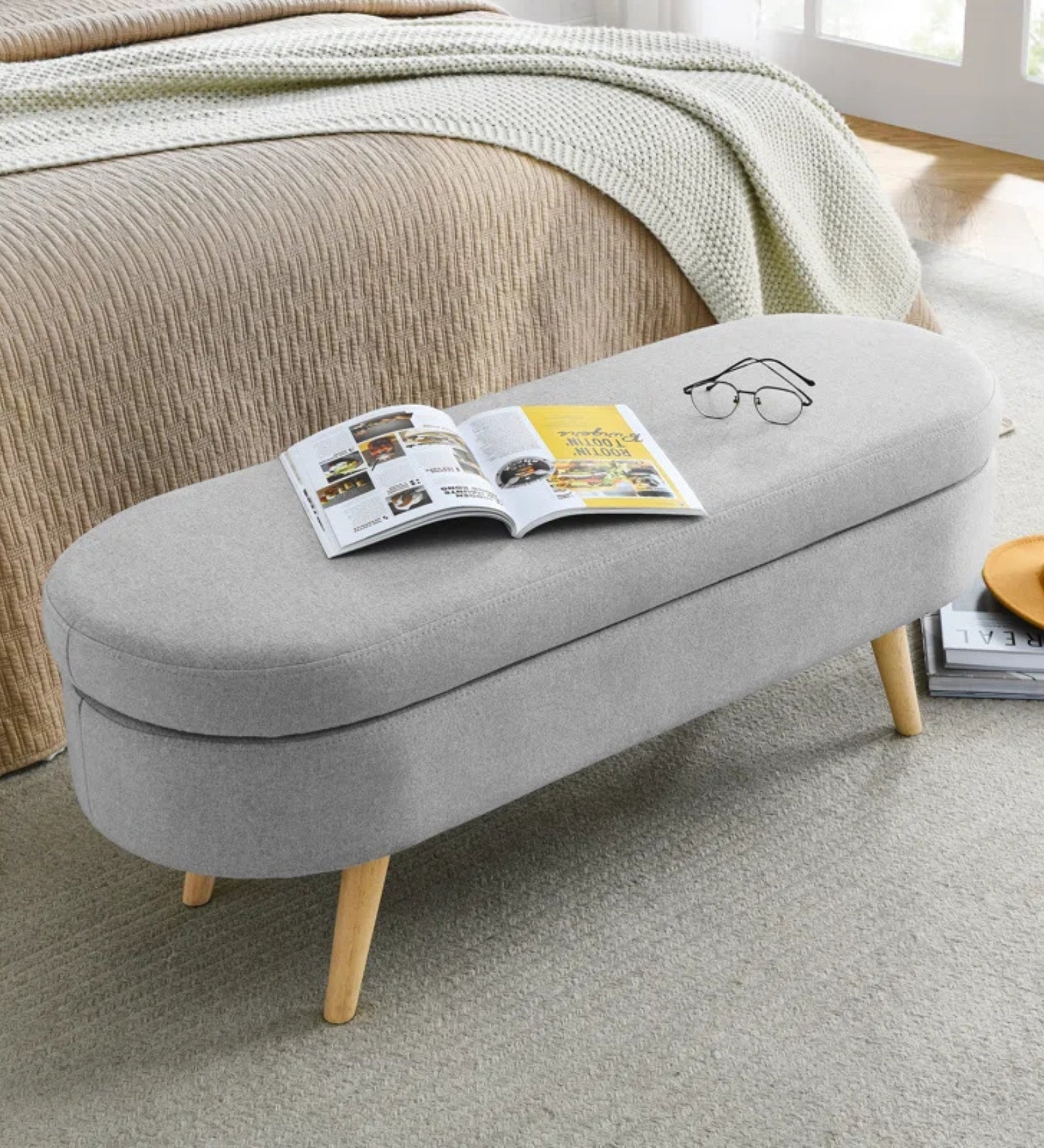 Azzay Velvet Bench In Grey Colour With Storage - Febonic Living