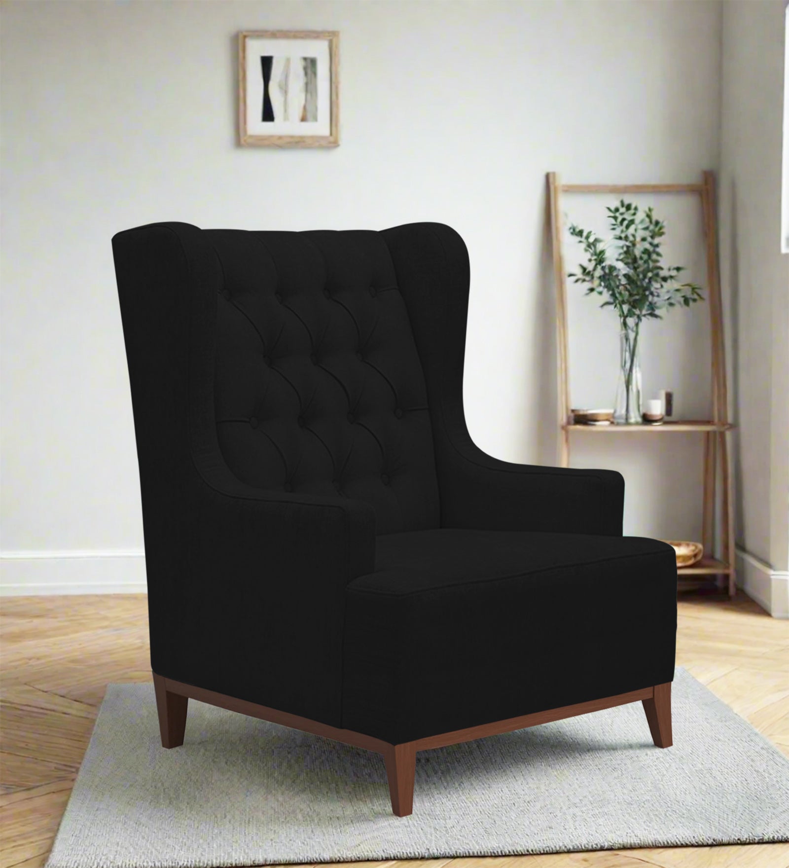 Kuchi Fabric Wing Chair In Zed Black Colour - Febonic Living