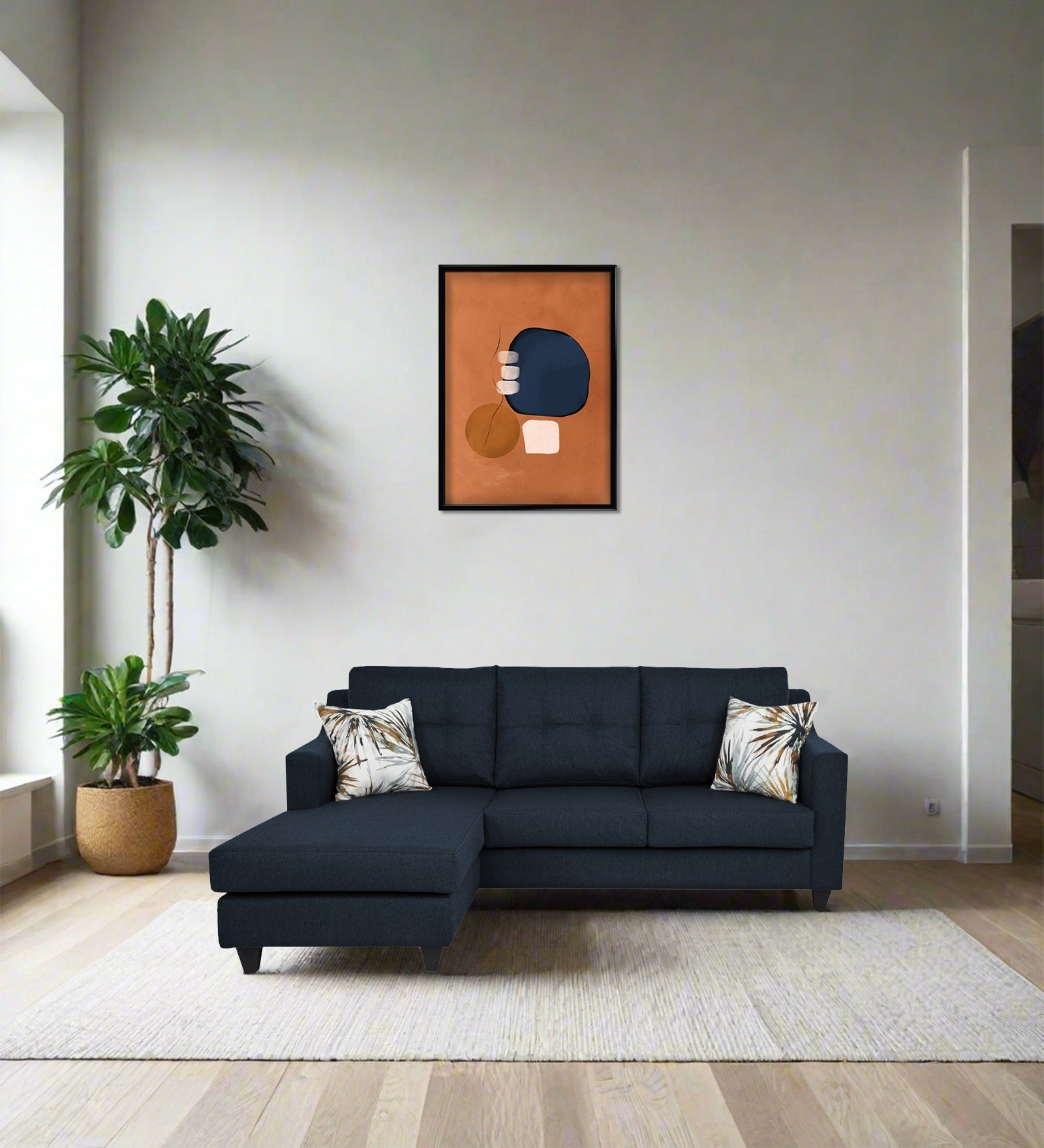 Welly Fabric RHS Sectional Sofa (2+Lounger) In Denim Blue Colour - Febonic Living